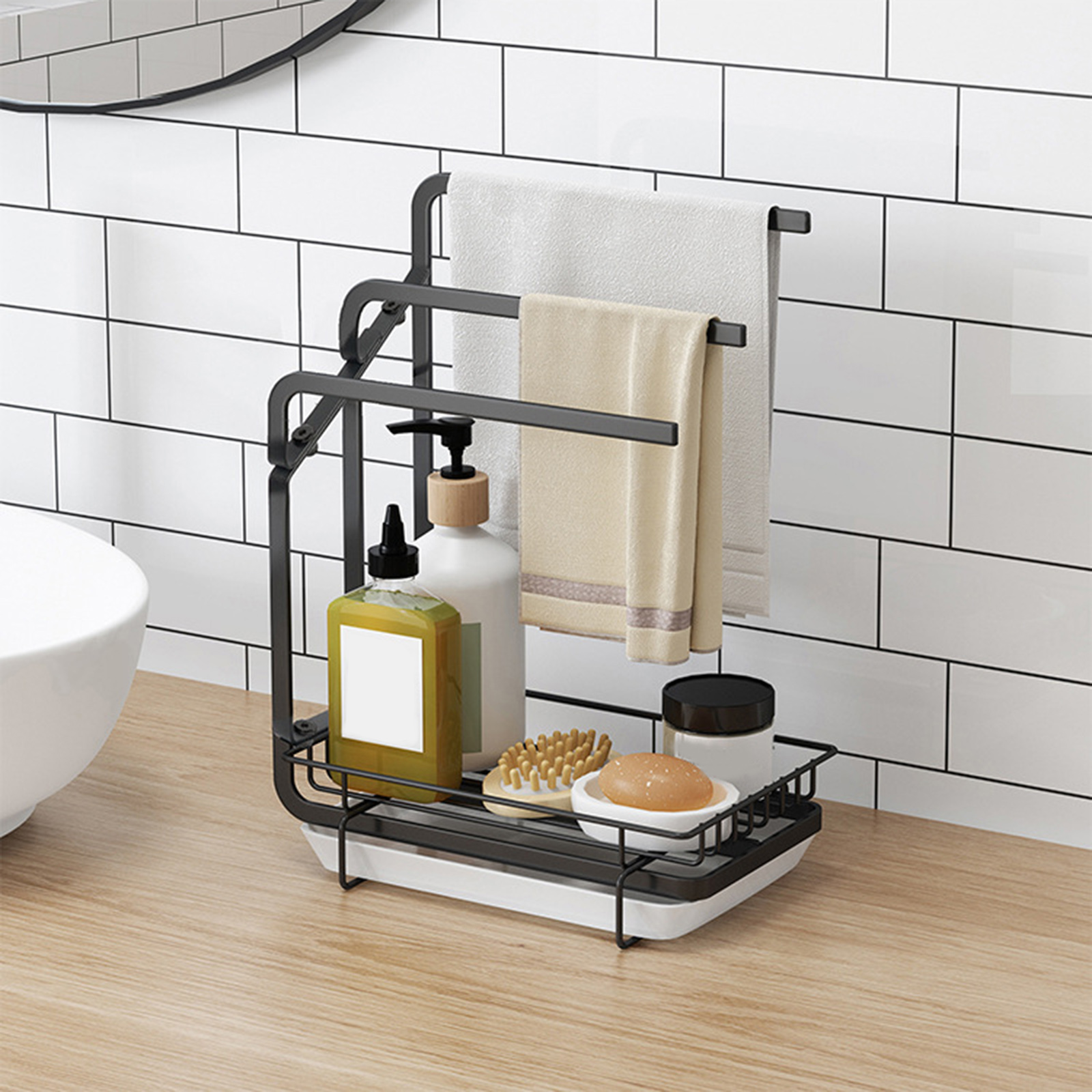 Drying Rack Countertop Storage Sink Organizer Sponge Brush Soap Dish Holder Towel Rack with Drain Pan for Kitchen Bathroom