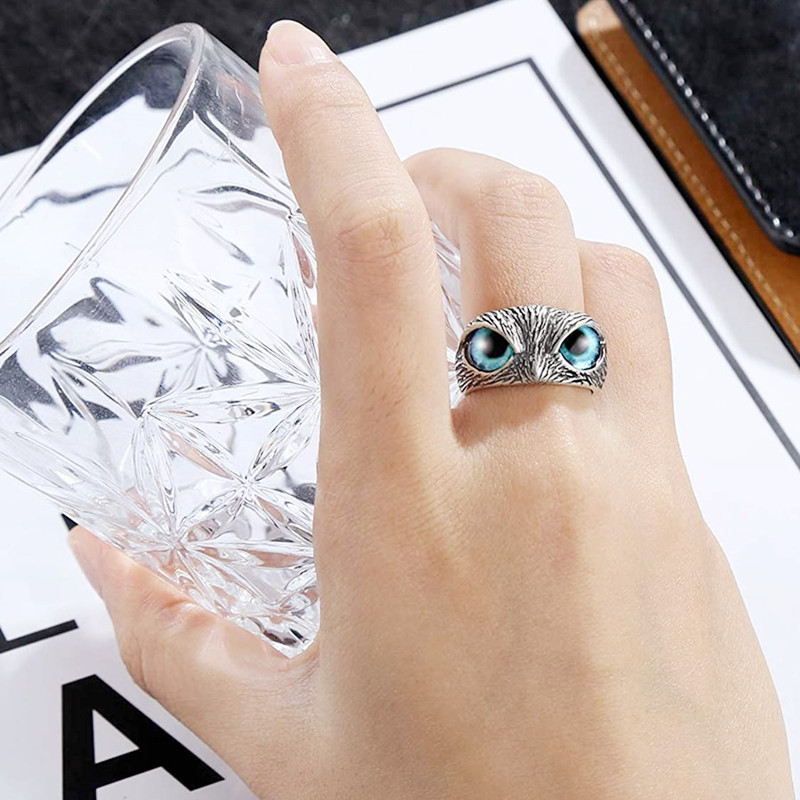 YADELAI Charming Fashion Owl Ring Vintage Man and Women Alloy Blue Eyes Owl Ring Versatile Argent  Adjustable Creativering Ring