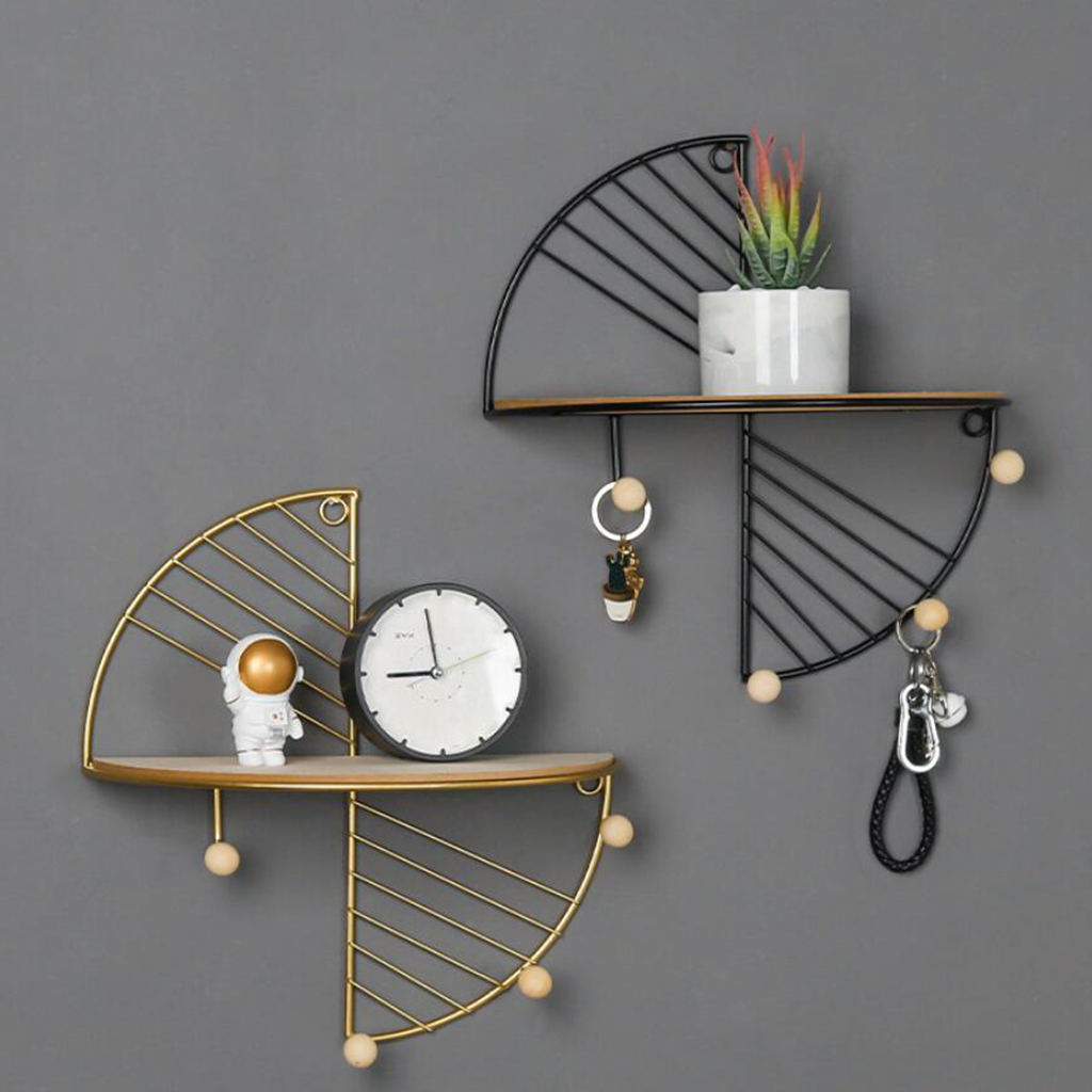 Wall Storage Unit Retro Wood Metal Wire Shelf Rack Wall Mounted Hanger