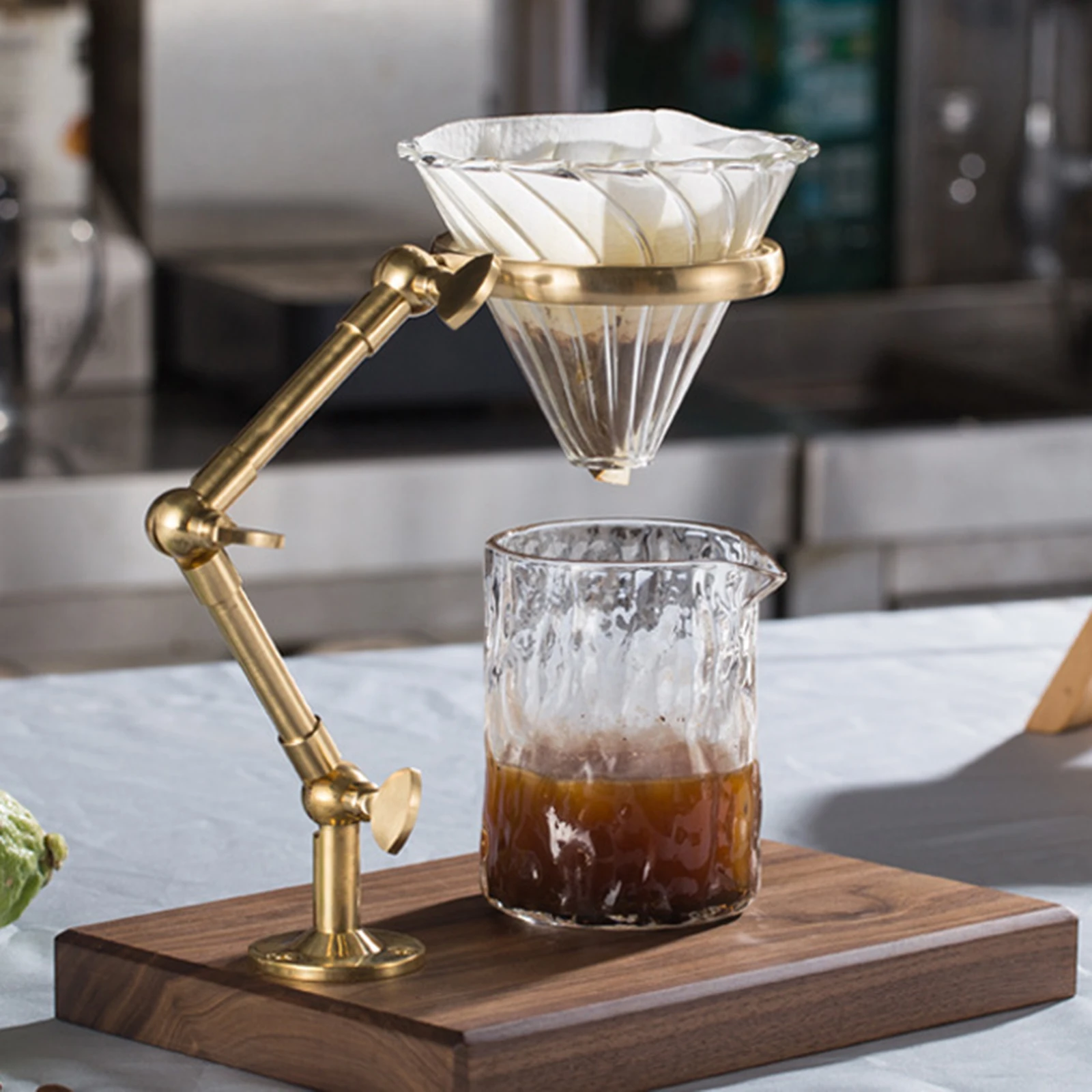 Brass Frame Coffee Rack Filter Cup Holder Tea Filter Drop Bracket Adjustable Height Solid Wood Base