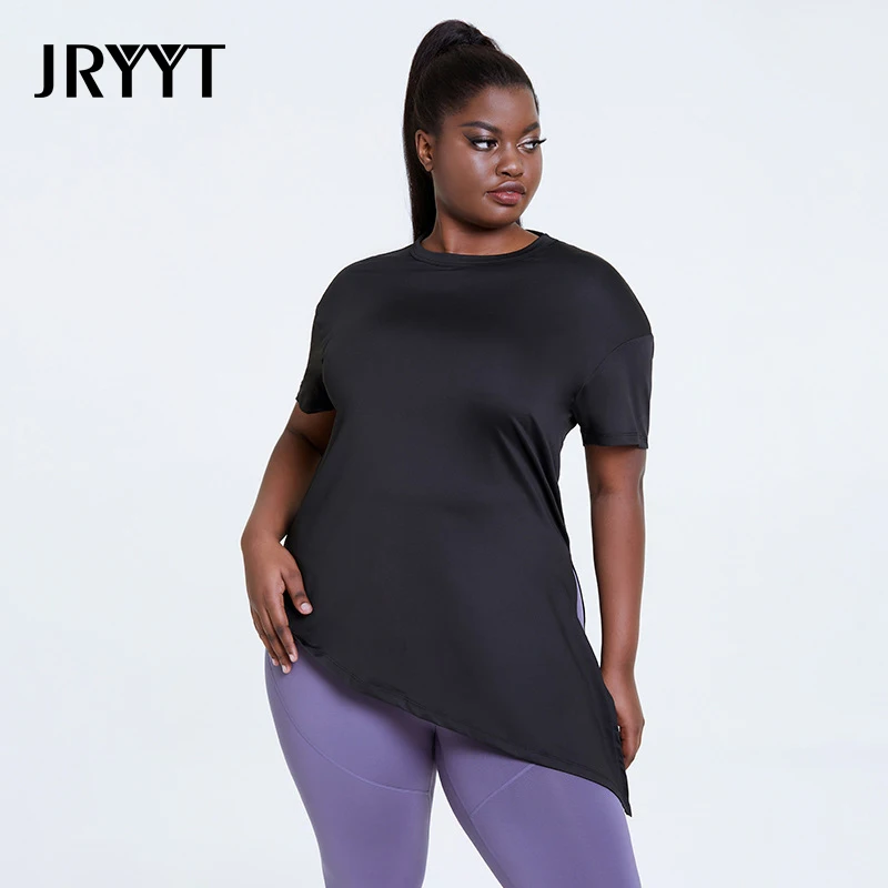 JRYYT Plus Size 4XL Activewear Workout Tops Women Side Split Open Back Yoga Shirt Female Fitness Gym Sport T-shirt Ladies 2021