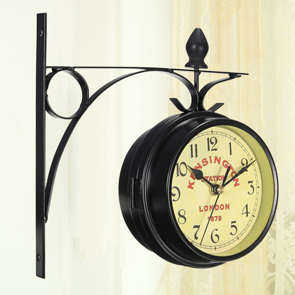 Retro Wrought Iron Double-Side Faces Metal Wall Clock Garden Coffee Bar Home