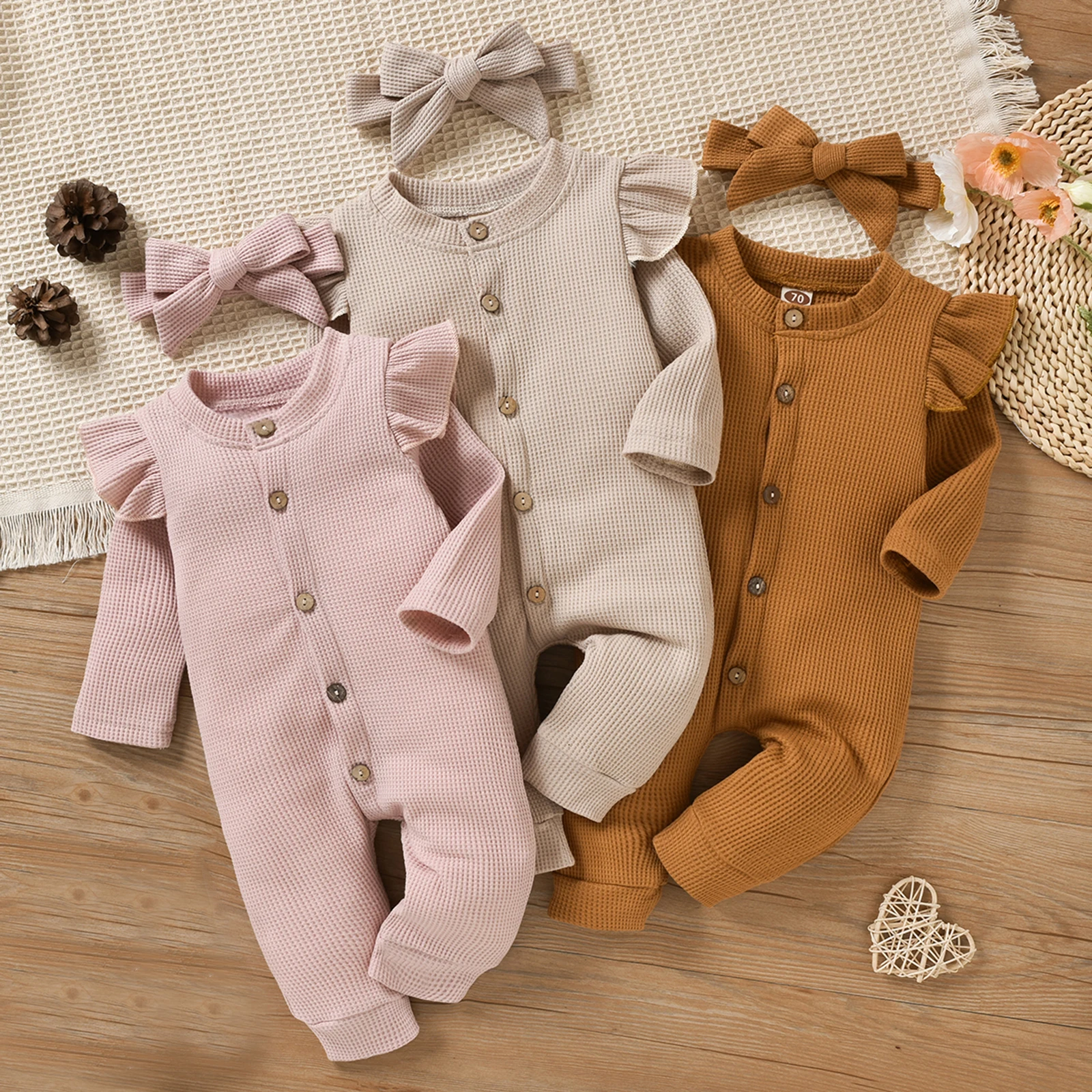 Cotton baby suit Infant Baby Girls Jumpsuit with Headband, Long Sleeve Button Closure Jumpsuit with Bowknot Hairband bulk baby bodysuits	
