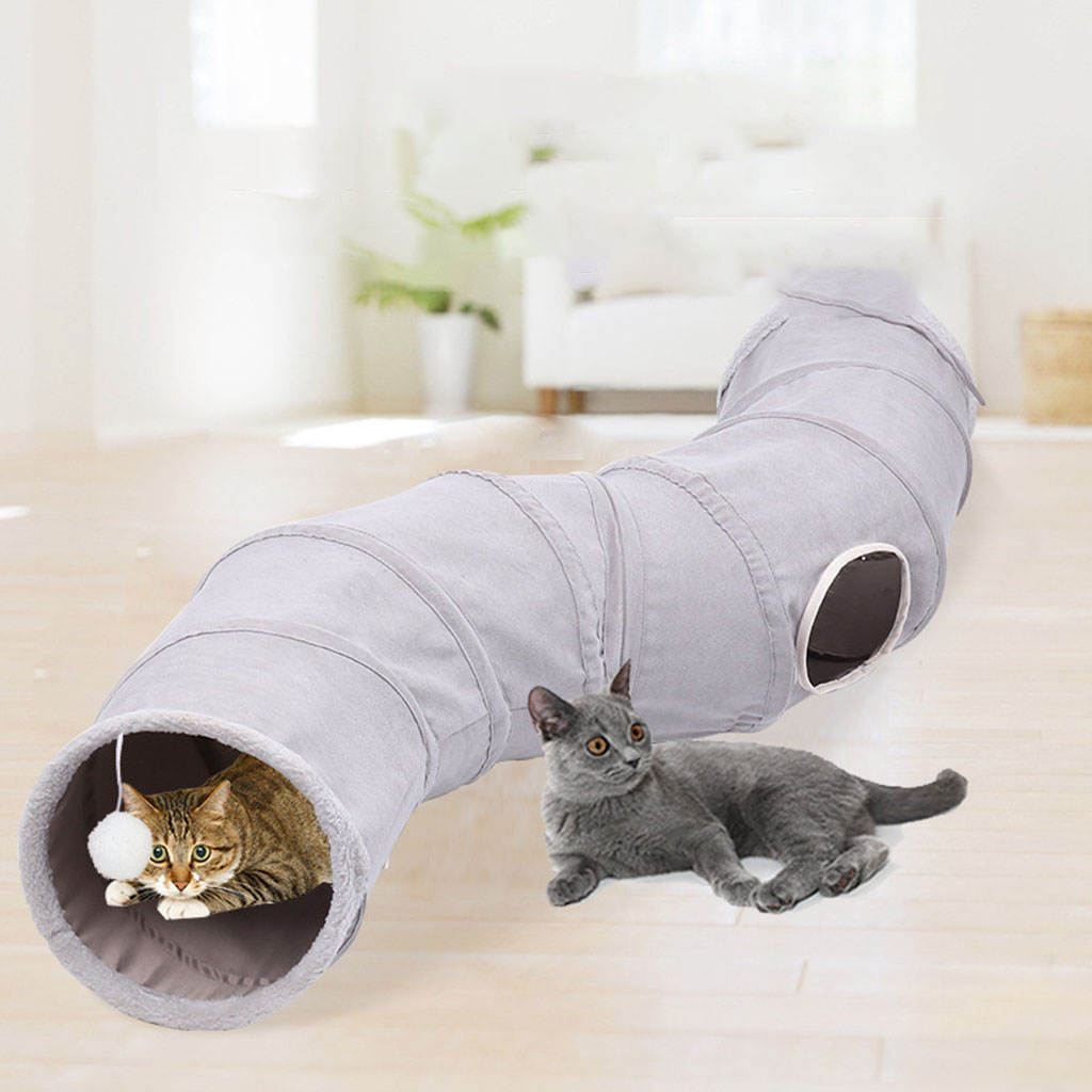 Comfortable Collapsible Cat Tunnel Tube Interactive Toy Bed with Play Ball and Peek Holes Tent for Puppy, Kitty, Kitten, Rabbit