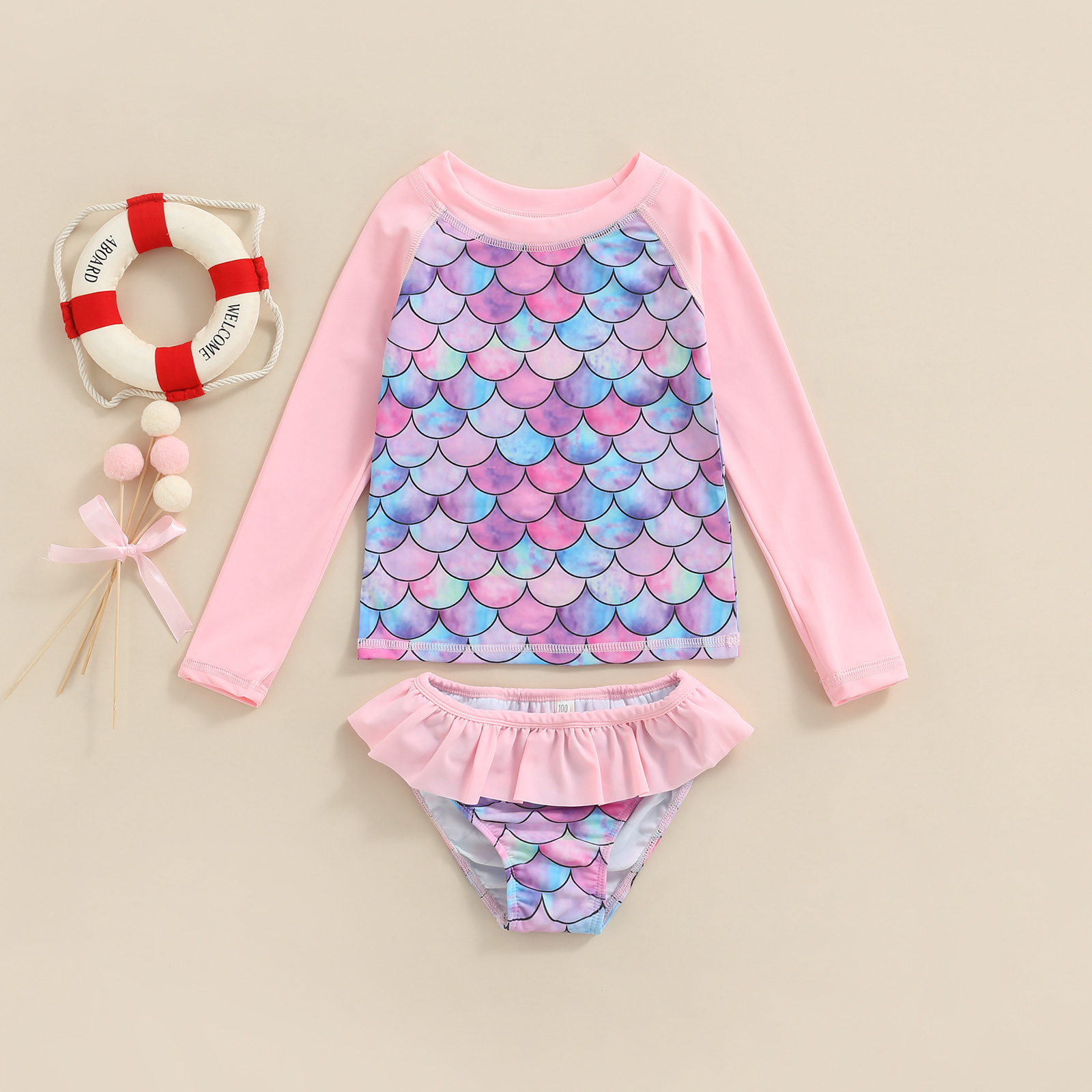 4-9Y Kids Girl Cute Two Piece Bikini Set Mermaid Print Long Sleeve Tops ...