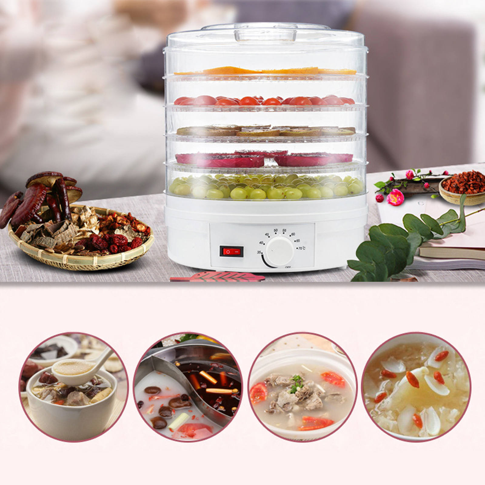 Food Dehydrator 5 Trays Dried Fruit Vegetable Herb Meat Drying Machine Electric Yogurt Maker Pet Snacks Air Dryer Oven UK Plug