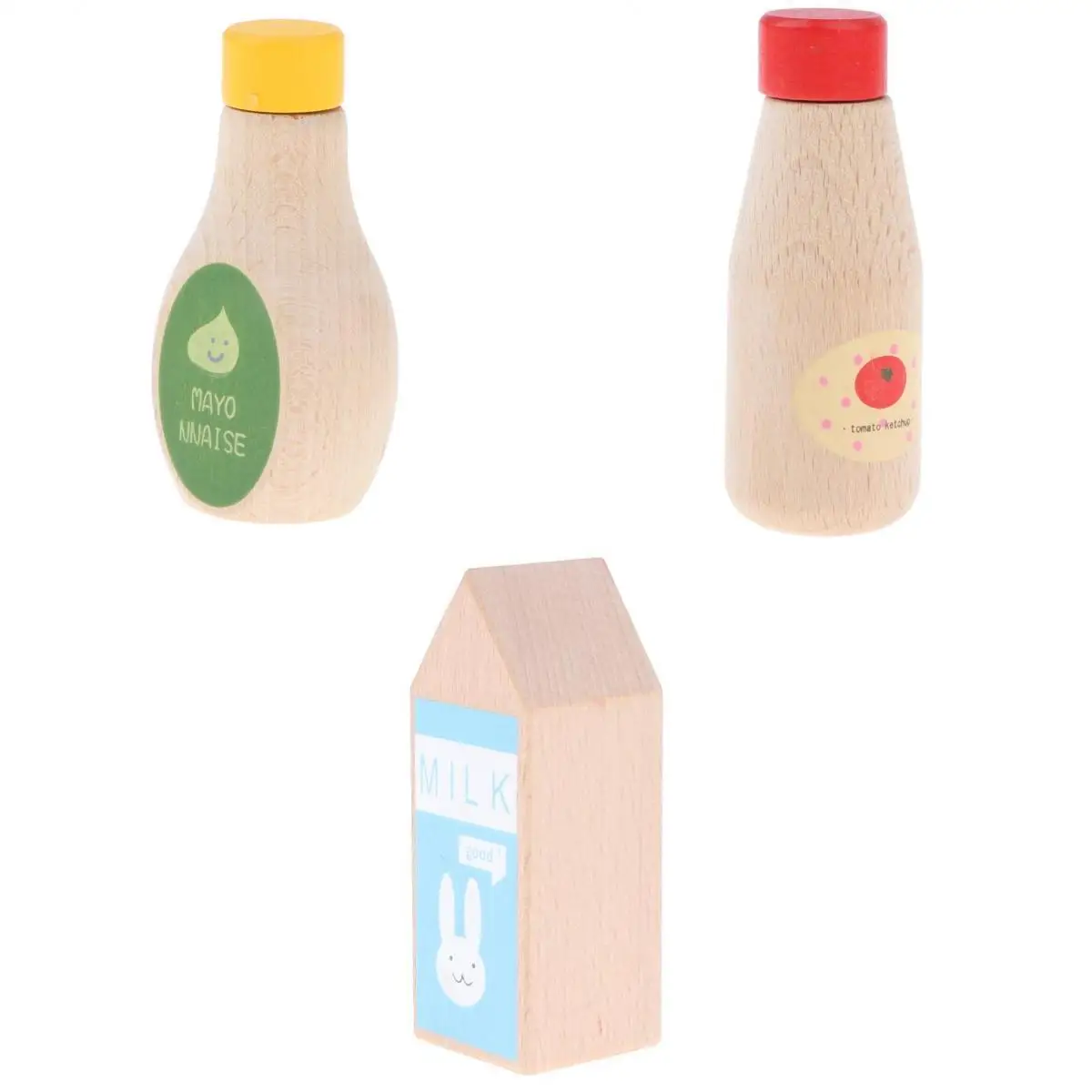 3pcs Kid Kitchen Pretend Toy Play House Wooden Tomato Ketchup Milk Bottles