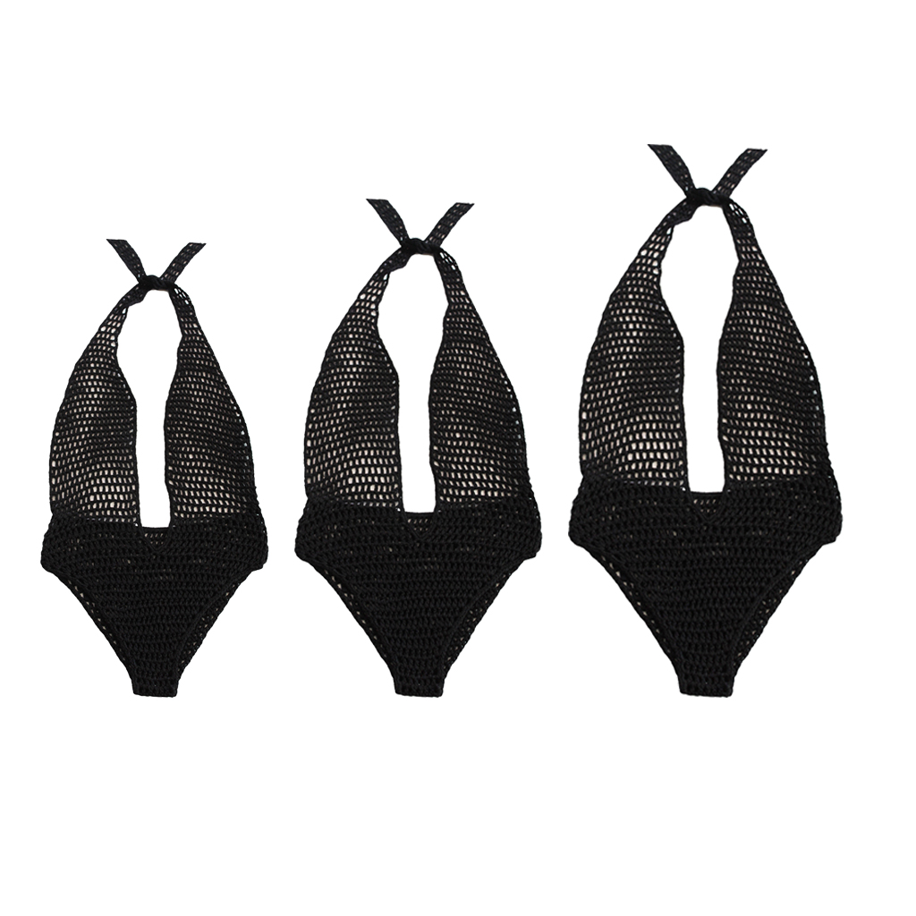 Women Black Crochet Knit Beach Bikini Monokini Halter Deep V-neck Swimwear