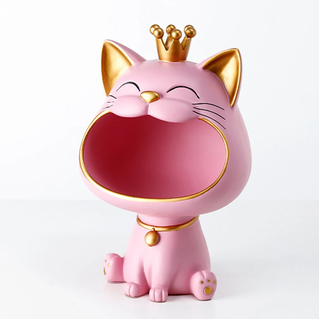Lucky Cat Figurines Big Mouth Sundries Storage Box Sculpture Statue Resin Animal Decorative Living Room Home Table Ornament