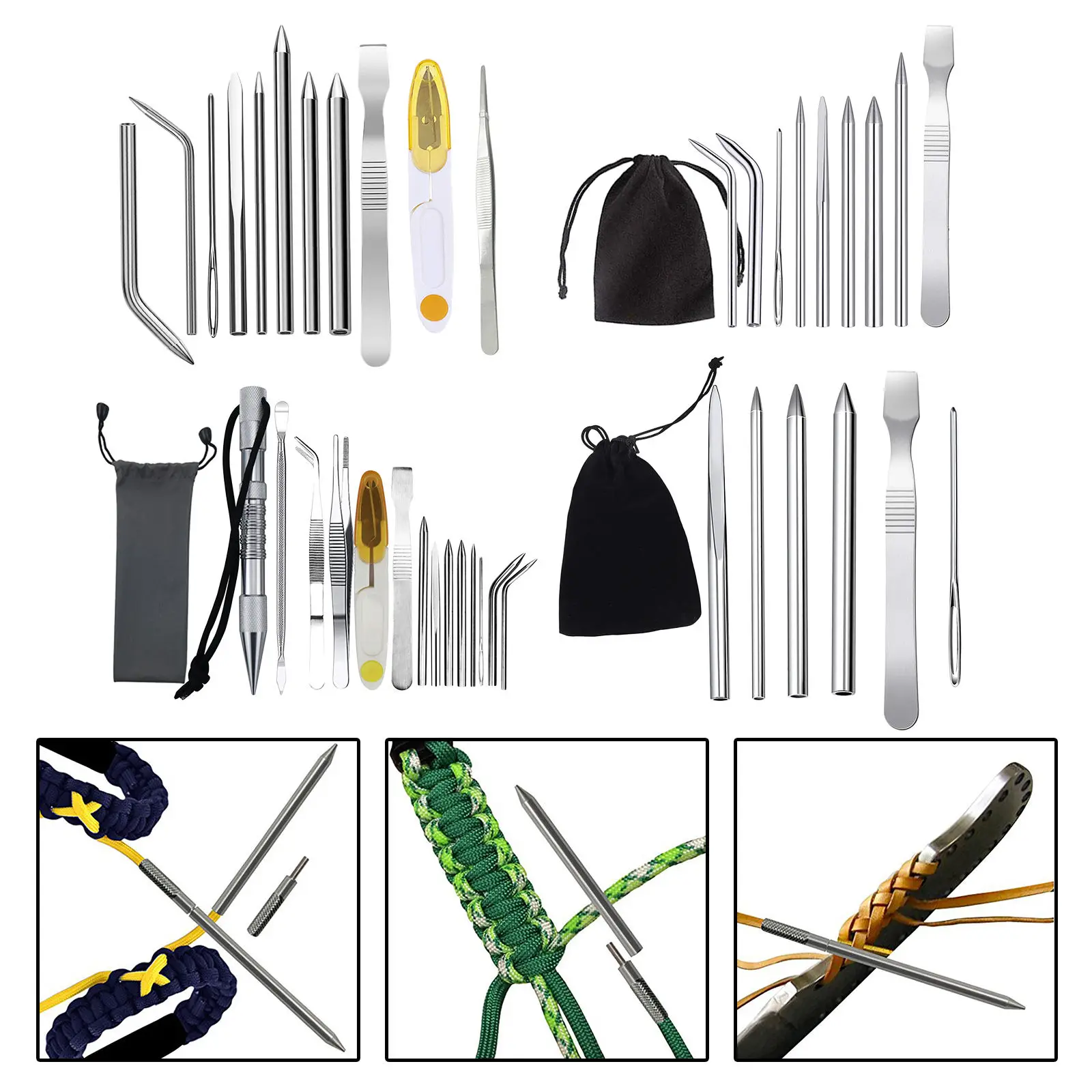 Premium Paracord Stitching Set Flattener Needles with Velvet Bag for Strings Paracord Bracelet Leather Crafts Kit