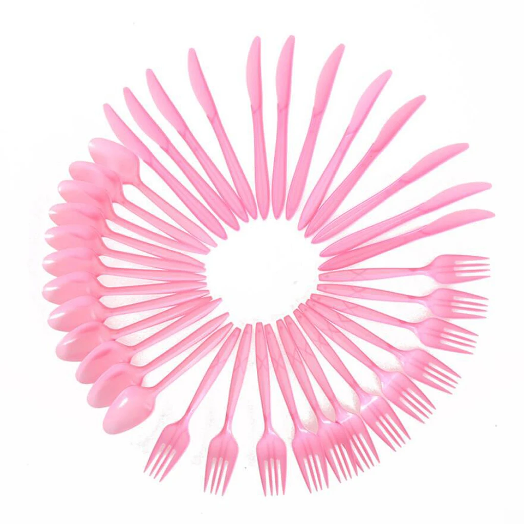 36/Set Pink Disposable Plastic Strong Spoons Knives Fork Cutlery Set