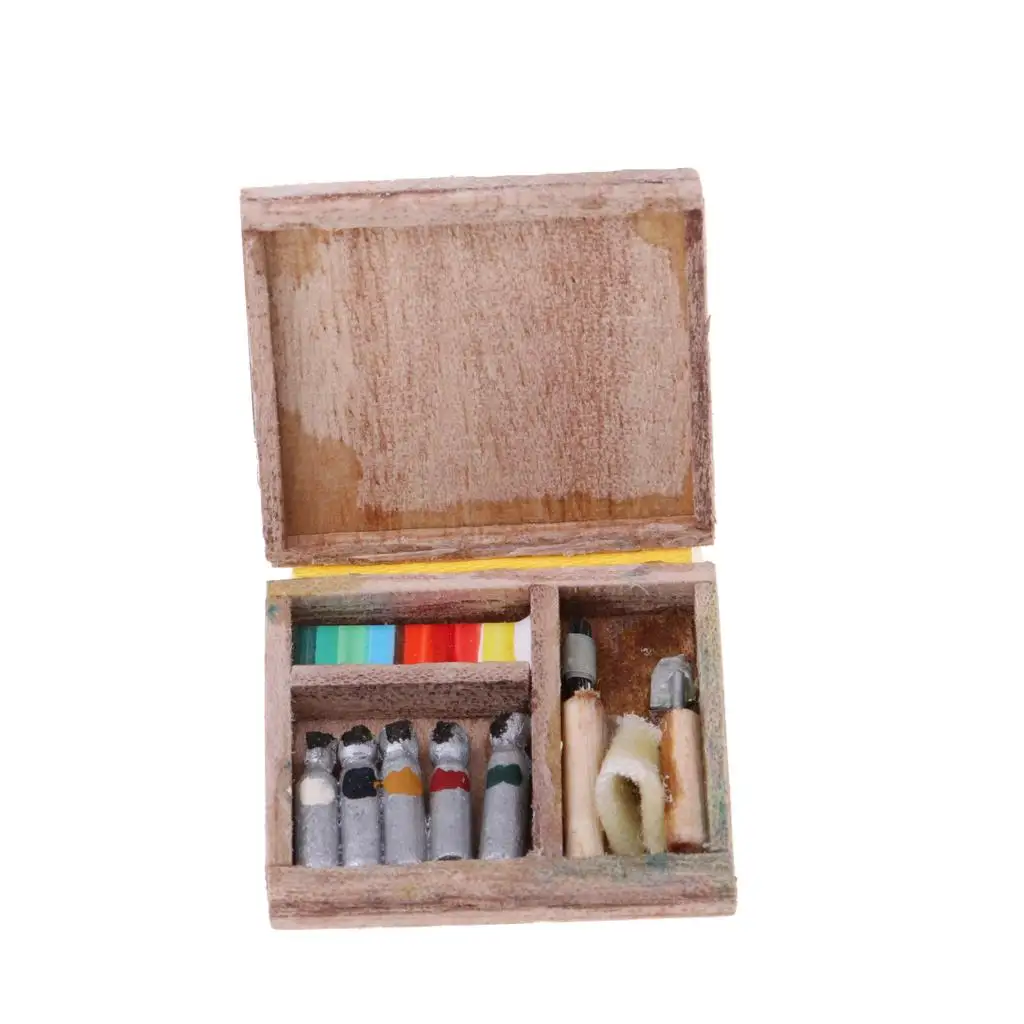Miniature 1/12 Scale Dollhouse Wooden Paint or Watercolors Box Set Painting Supplies