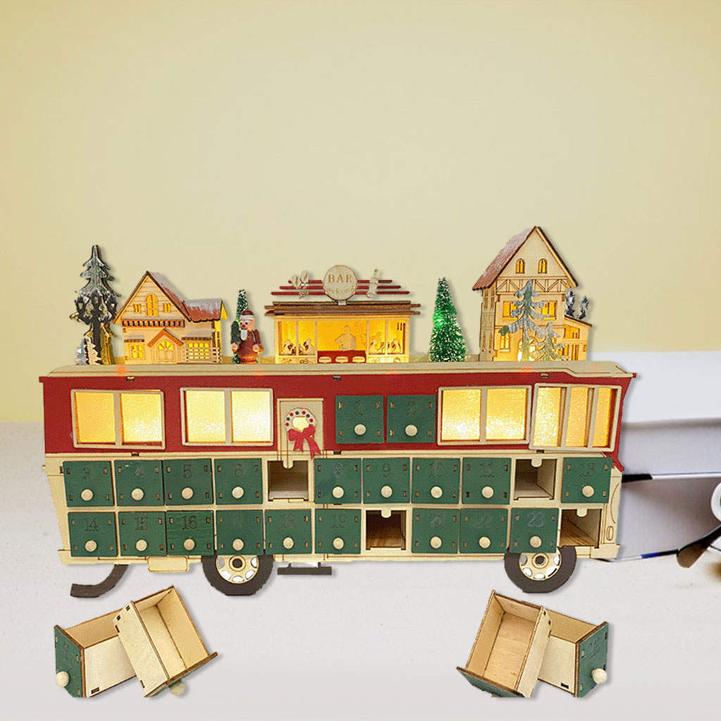 Wood Advent Calendar Children Toy Battery Operated DIY Bus Shape Light up 24 Drawers Christmas Holiday Decoration