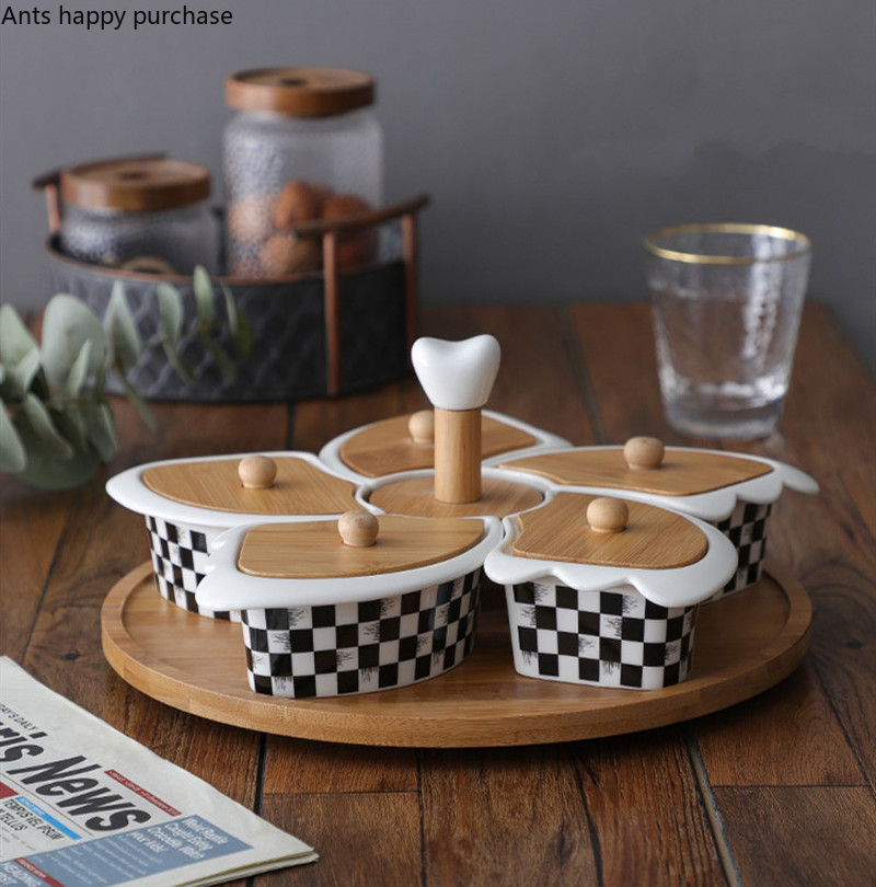 Ceramic Snack Tray With Wooden Lid Rotatable 5 Grids Snack Bowl Wood Surfaces Dessert Fruit Plate Decorative Plate Tableware