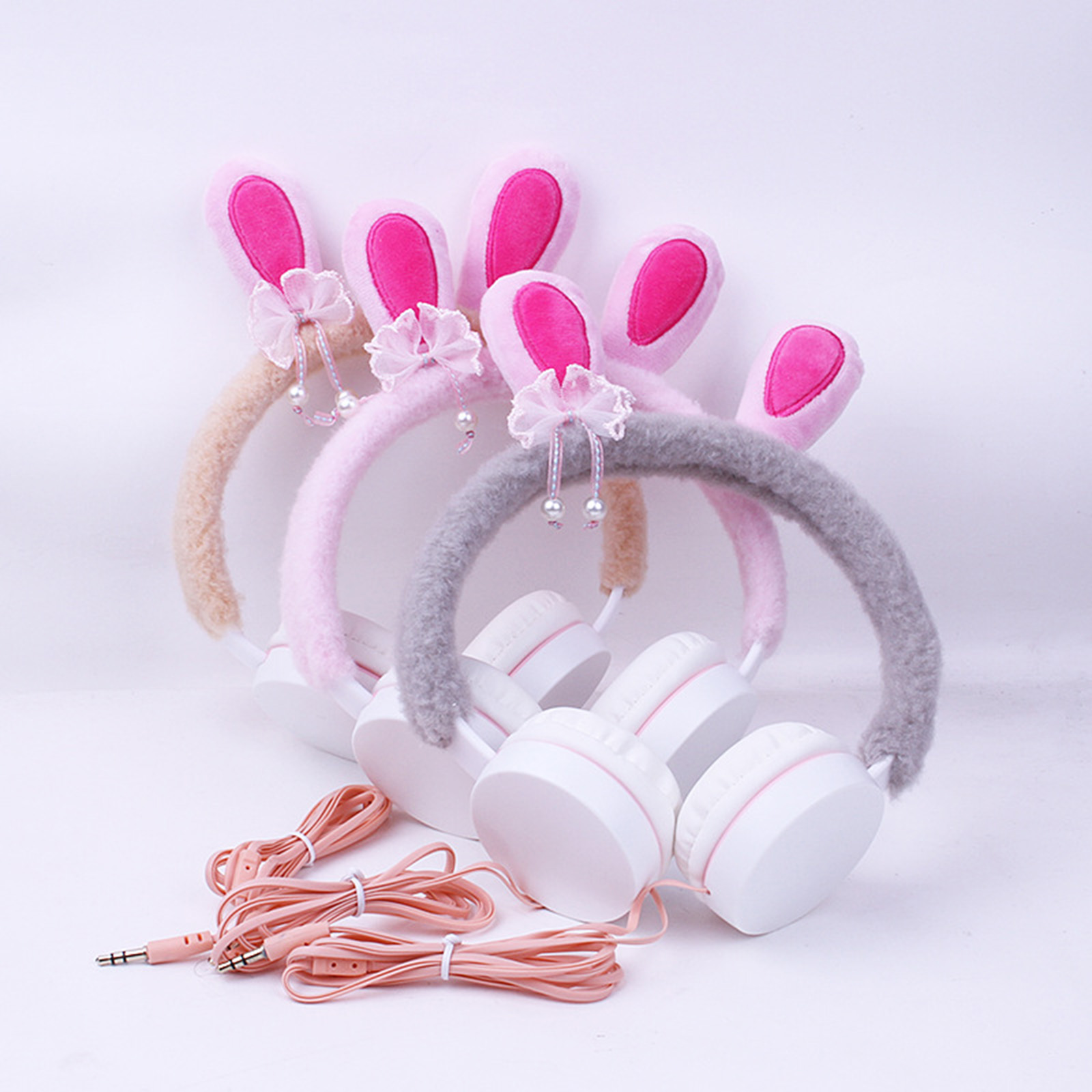 Girls 3.5mm Wired headphones Plush Over Ear Headset Volume Control for Phone Tablet