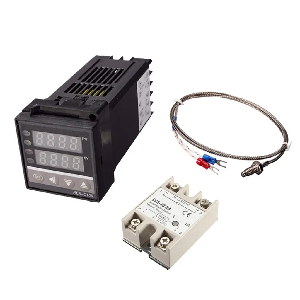 Digital PID Temperature Controller, Dual Digital Display REX-C100 + max.40A SSR + K Thermocouple 0- 400 PID Controller Set