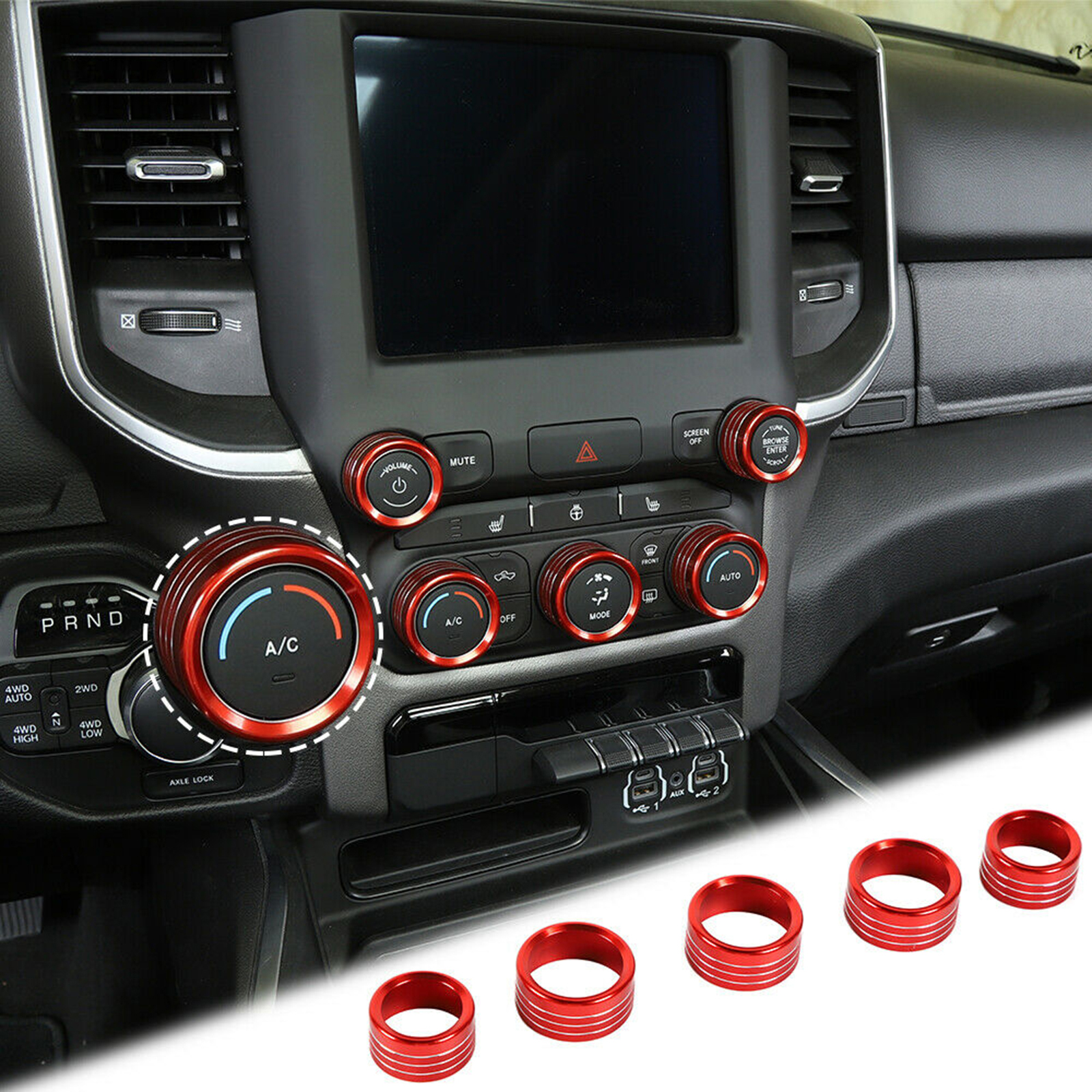 5 P ks Aluminum Center Console   Radio Switch Knob Cover Trim Rings For  RAM 1500 2018+