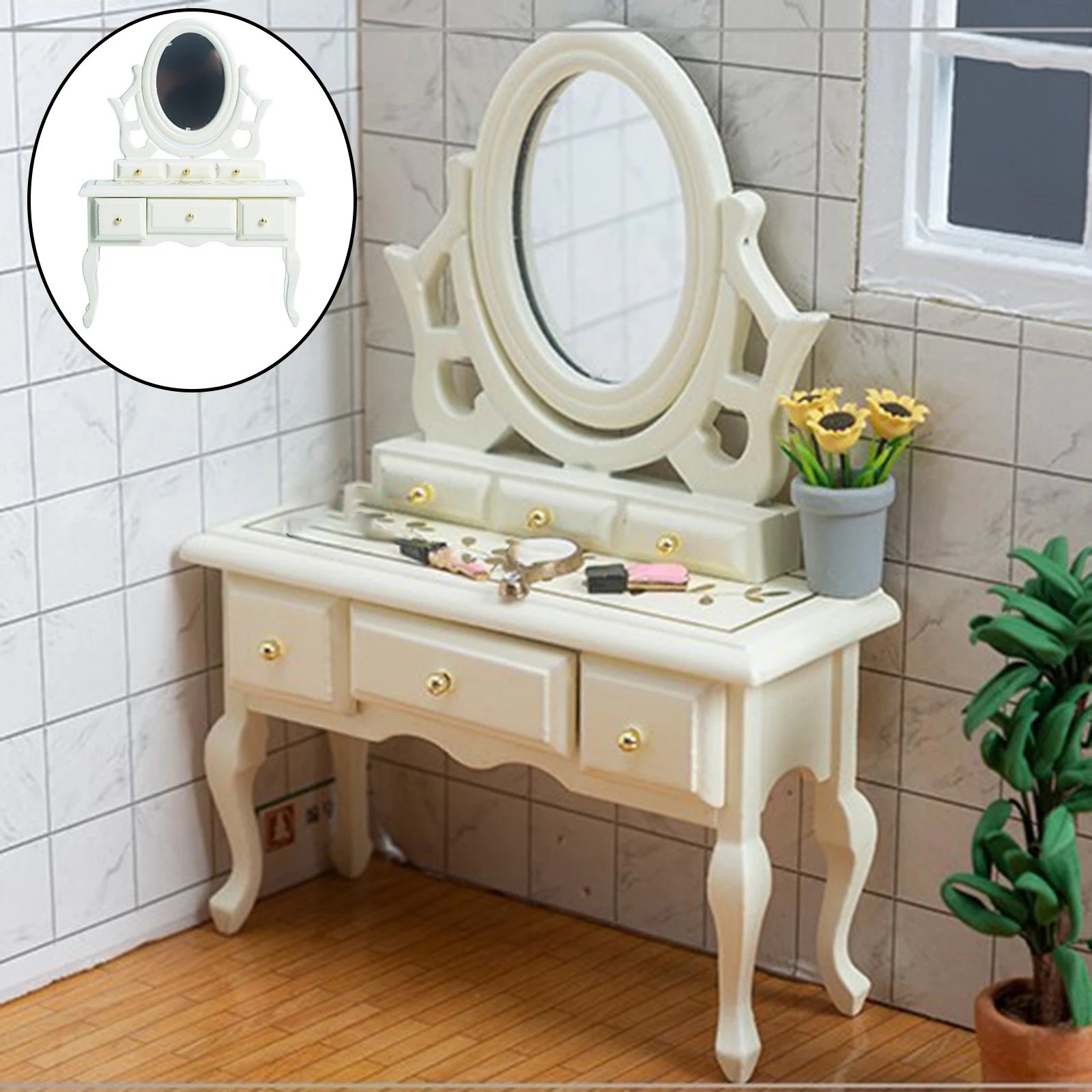 Plywood Dresser Table Chic Antique Mirror Makeup Vanity Table 12th Doll House Creative Modern Furniture Model Accessory Toys
