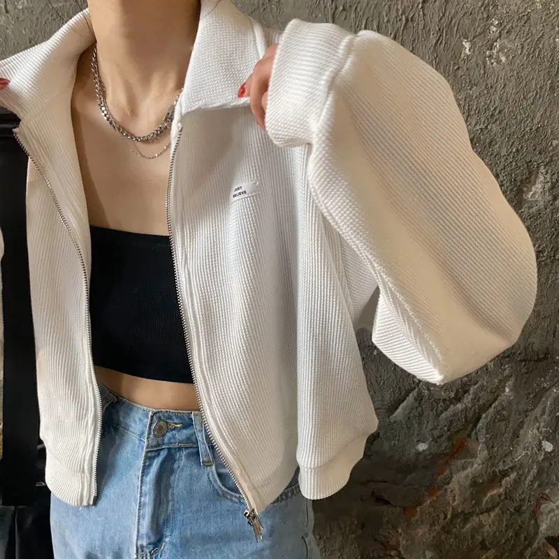 Sweatshirts Women Zipper Turn-down Collar Solid Cropped Loose Streetwear Harajuku Casual All-match Stylish Female Vintage Cozy