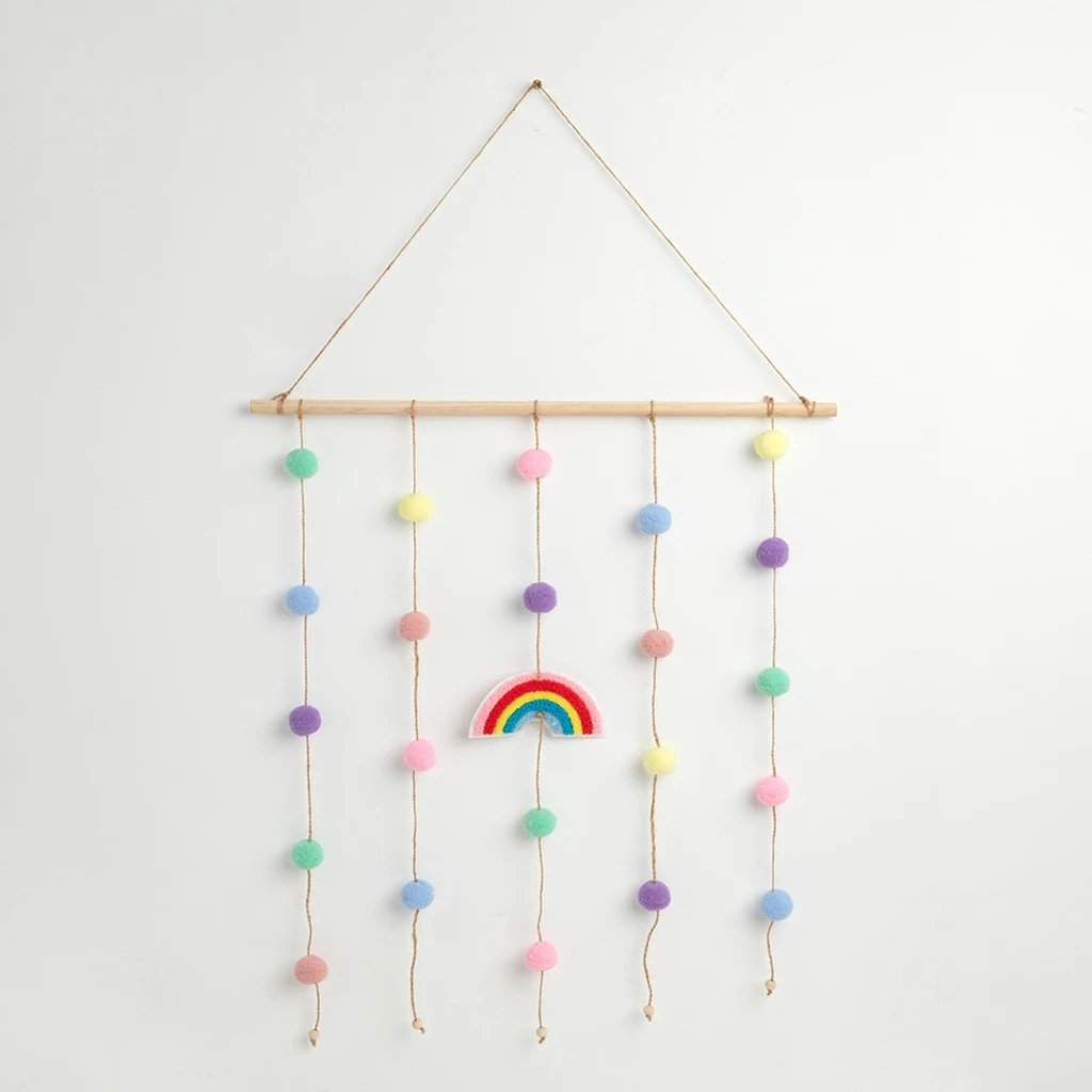 Colorful Rainbow Macrame Wall Hanging Decoration Cotton Tassel Kids Room Decor Boho Nursey Dorm Woven Pom Pom Ball Ornament