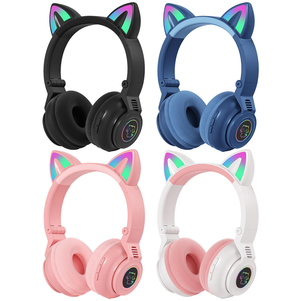 RGB Cat Ear Headphones Bluetooth Earphones LED Light Lightweight Adults Kid Girl Headset for PC Games Online Teaching
