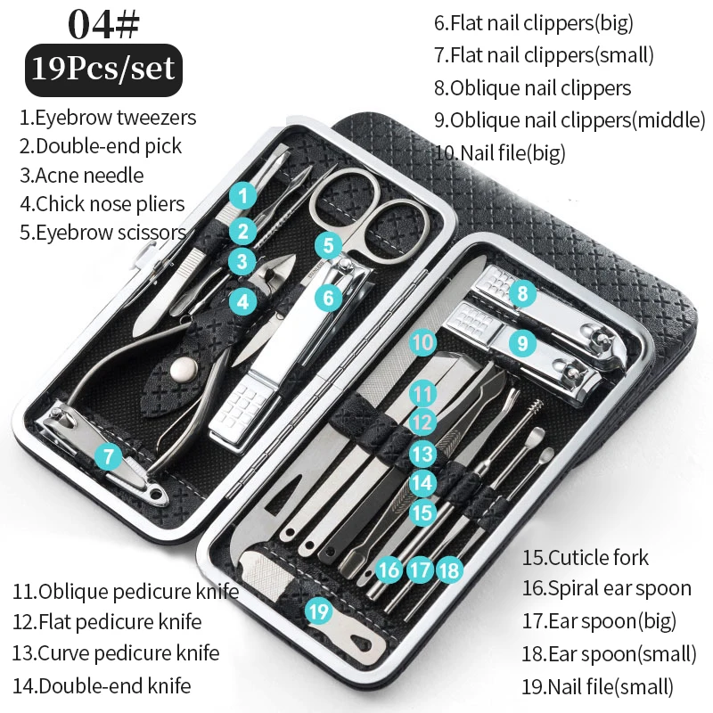 Hf110dd66f12141758e33ff8467f751a3P 9/11/16/19 Pcs Manicure Cutters Nail Clipper Set Stainless Steel Ear Spoon Nail Clippers Pedicure Nail Art Tool Manicure
