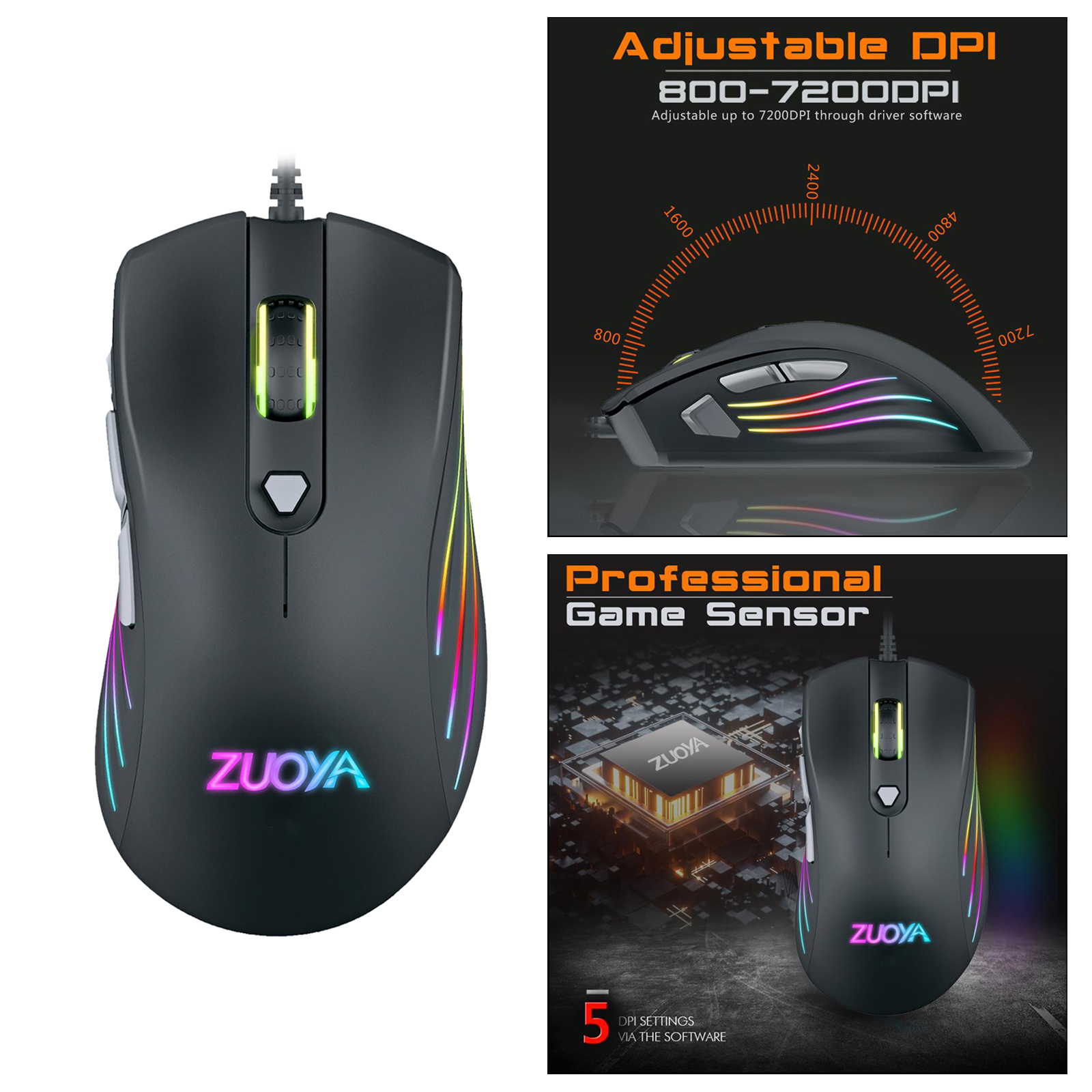 Gaming Mouse (Optical Sensor (800 to 7200 DPI), RGB Illumination, 7 Programmable Keys) Black