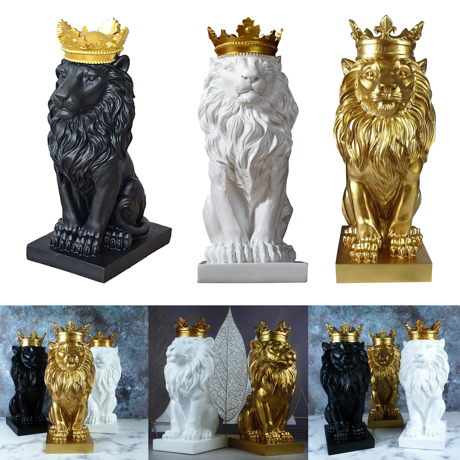 Abstract Gold Crown Lion Sculpture Resin Figurine Home Decor Shelf Statue