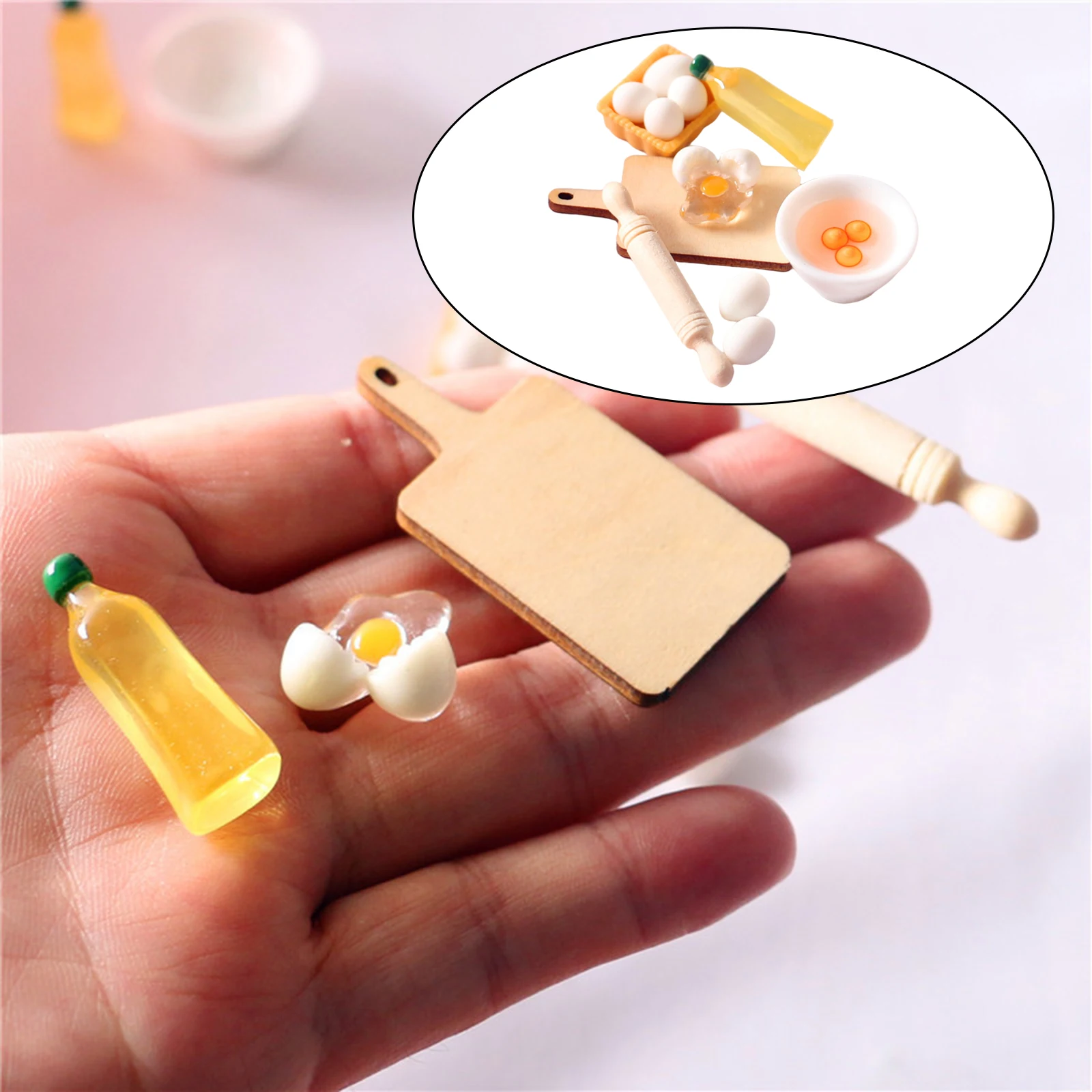 1/12 Dollhouse Miniature Cute Rolling Pin Egg Bowl Olive Oil Set Doll House Handcrafted Furniture Model Decor Mini