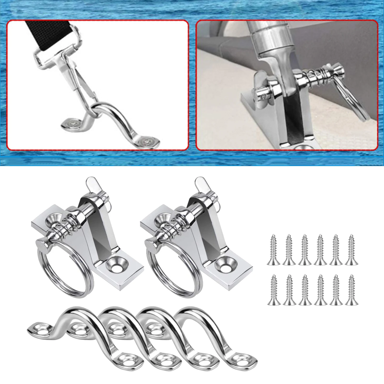 Marine 316 Stainless Steel Bimini Boat Top 90 Deck Hinge Mount w/4Pcs 3/8 Inch Pad Eye Straps Quick Release Pin Kayak Sets