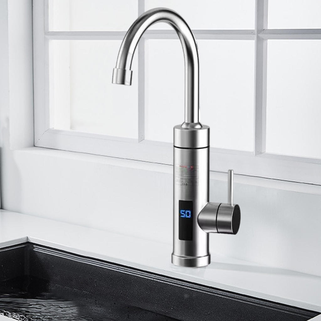 Stainless Steel Electric Tankless Water Heater Heating Tap LED Digital Display Hot/Cold 3000W Hot Water Faucet 360° for Kitchen
