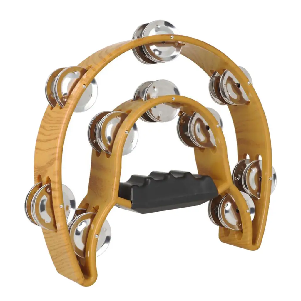 Traditional ABS Plastic Handheld Tambourine with Double Row Metal Jingles, Brown