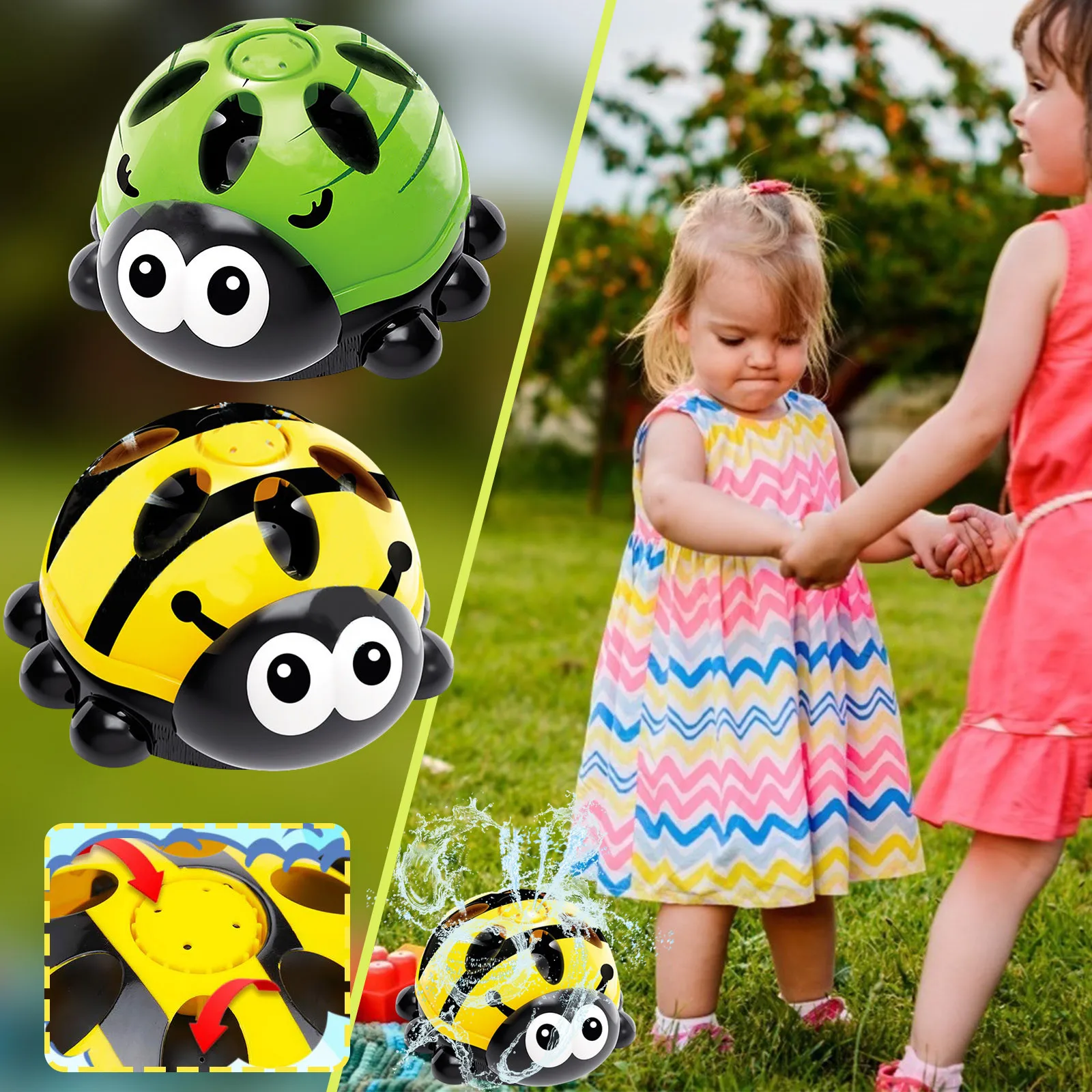 Childrens Water Spray Ladybird Toy Green/Yellow Outdoor Water Spray Sprinkler for Kids and Toddlers Portable Bathing Doll Toy for Bathroom Backyard 