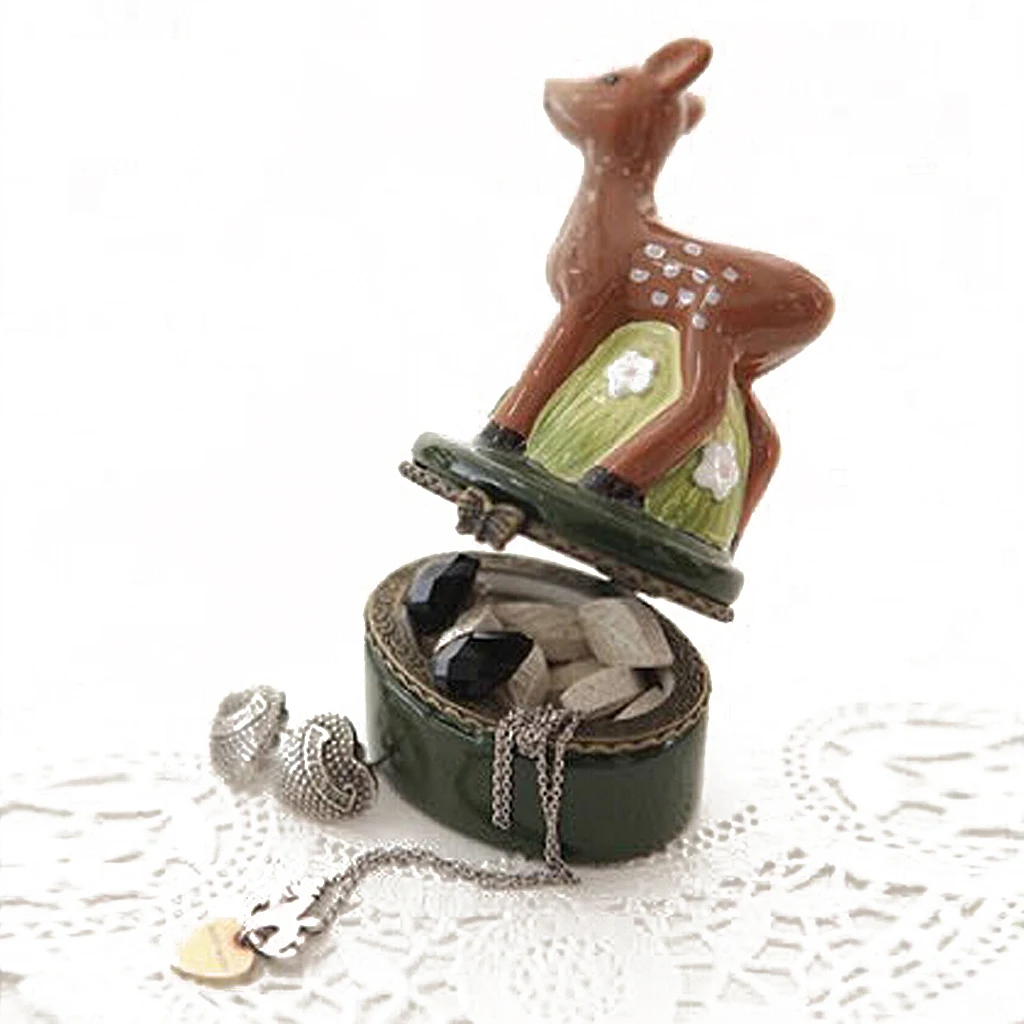 Cute Painted Ceramics Trinket Jewelry Box Necklace Storage Girl Gift-Deer