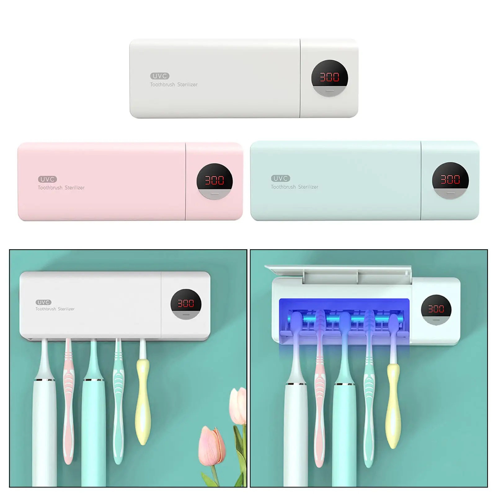 Smart Toothbrush Sanitizer UV Disinfection Bathroom Toothbrush Holder 5 Slots Drilling-Free Rechargeable Sterilizer Organizer