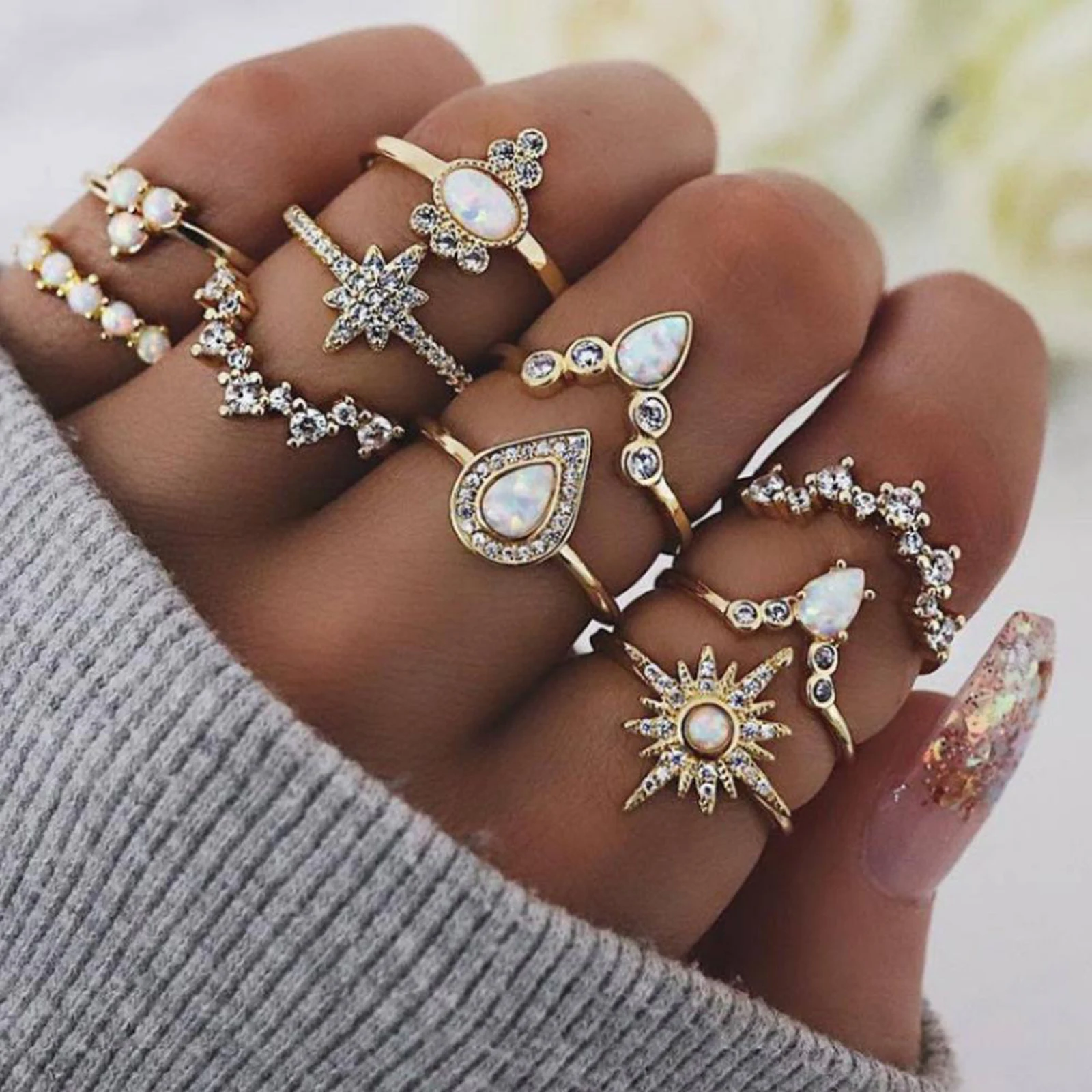 Set of 10 Rings Boho Knuckle Fashion Vintage Retro Crystal Thumb Mid Stack Jewelry