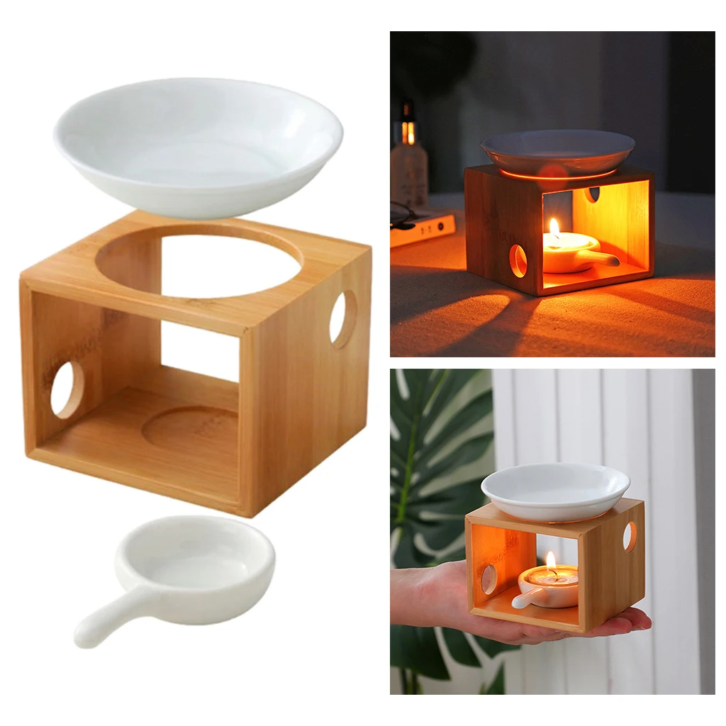 Ceramic Candle Holder Essential Oil Burner Diffuser Wood Base Aromatherapy Incense Lamps Porcelain Home Living Room Decors