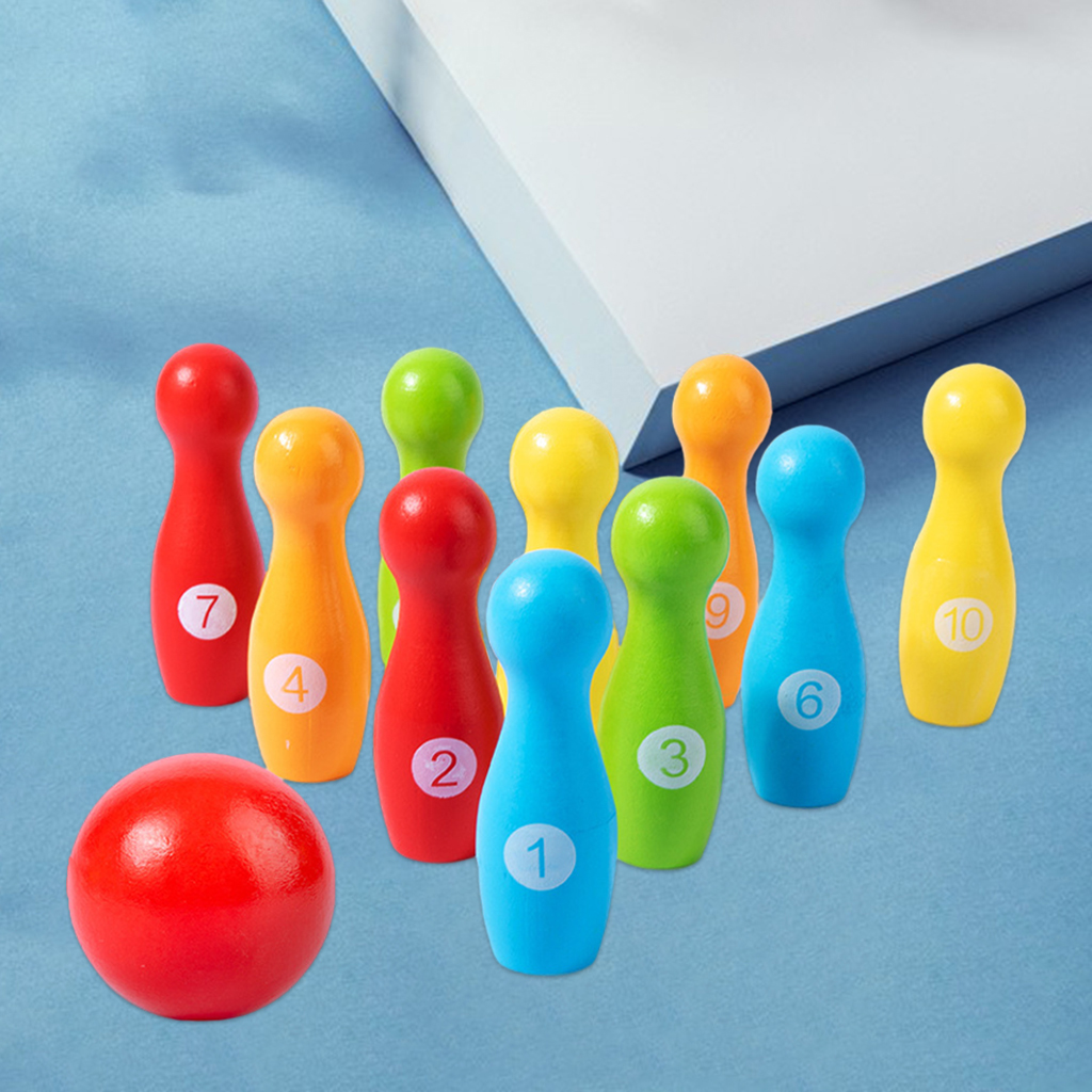Wooden Bowling Set Skittles Toys with 10 Pins 1 Ball Educational Toy Gift for Kids