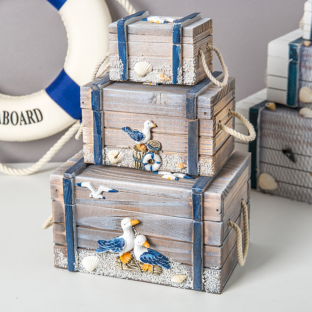 3-in-1 Stackable Mediterranean Wooden Storage Box with Lid Decor Jewelry Books Fruits Craft Stationery Organizer