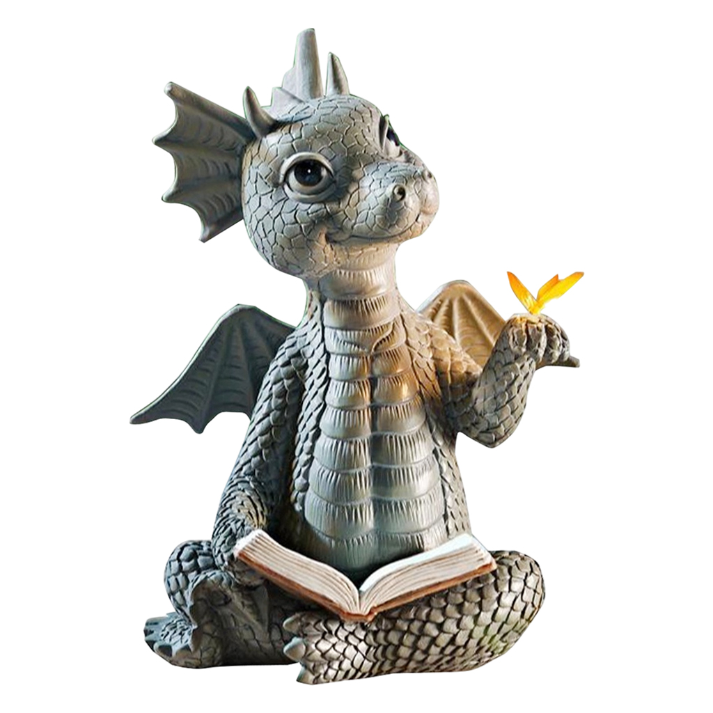 Read Book Dragon Statue Indoor Outdoor Dinosaur Garden Art Bookshelf Collectible Figurines Yoga Patio Sculpture Home Decor