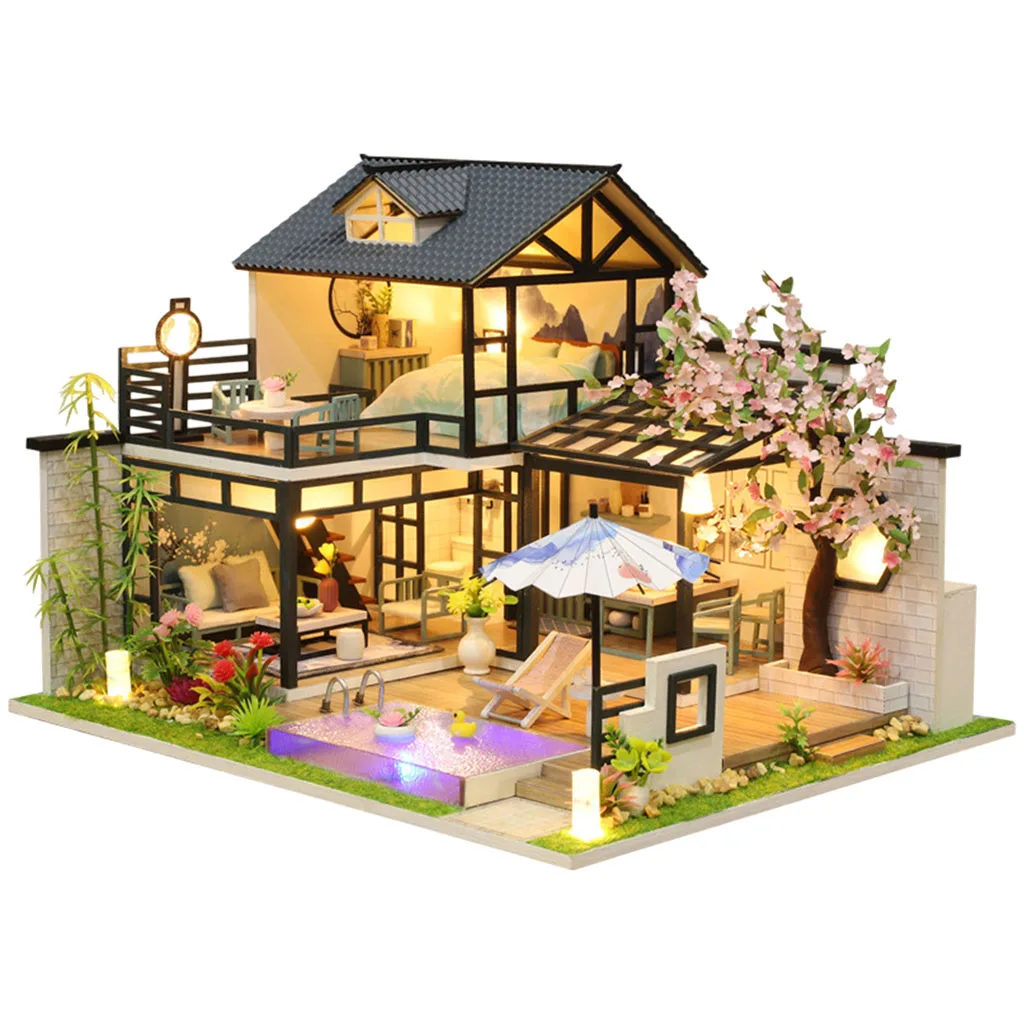 Wood Dollhouse Miniature with Furniture LED Light Kit Doll House Puzzles Building Kit Villa Room Birthday Gifts