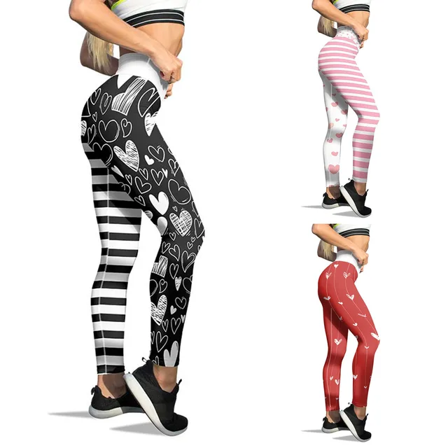 Limea Women's Valentine's Day Lovesy Stripes Print Leggings Skinny Pants  For Yoga Running Pilates Gym