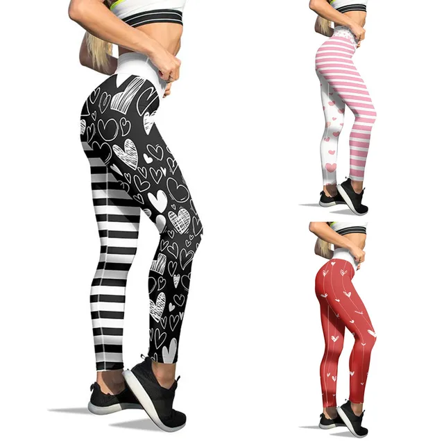 Hip Lift Valentine's Day Lovesy Stripes Print Leggings Women Skinny Pants  Yoga Pilates Gym Tummy Control Ruched Fitness Tigths - AliExpress