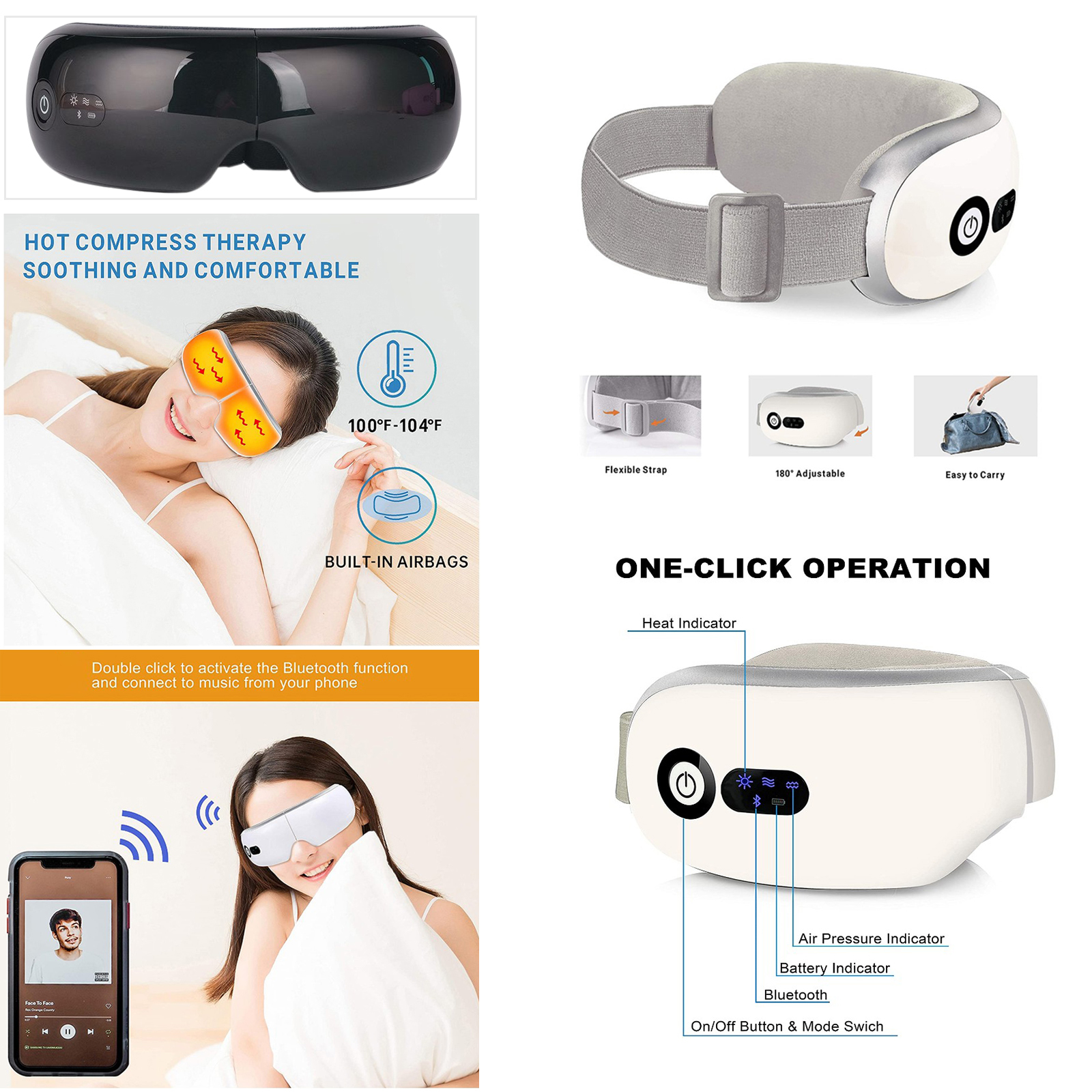 Portable Electric Eye Massager with Heat Air Compression Vibration Wireless Eye and Temple Massager Rechargeable
