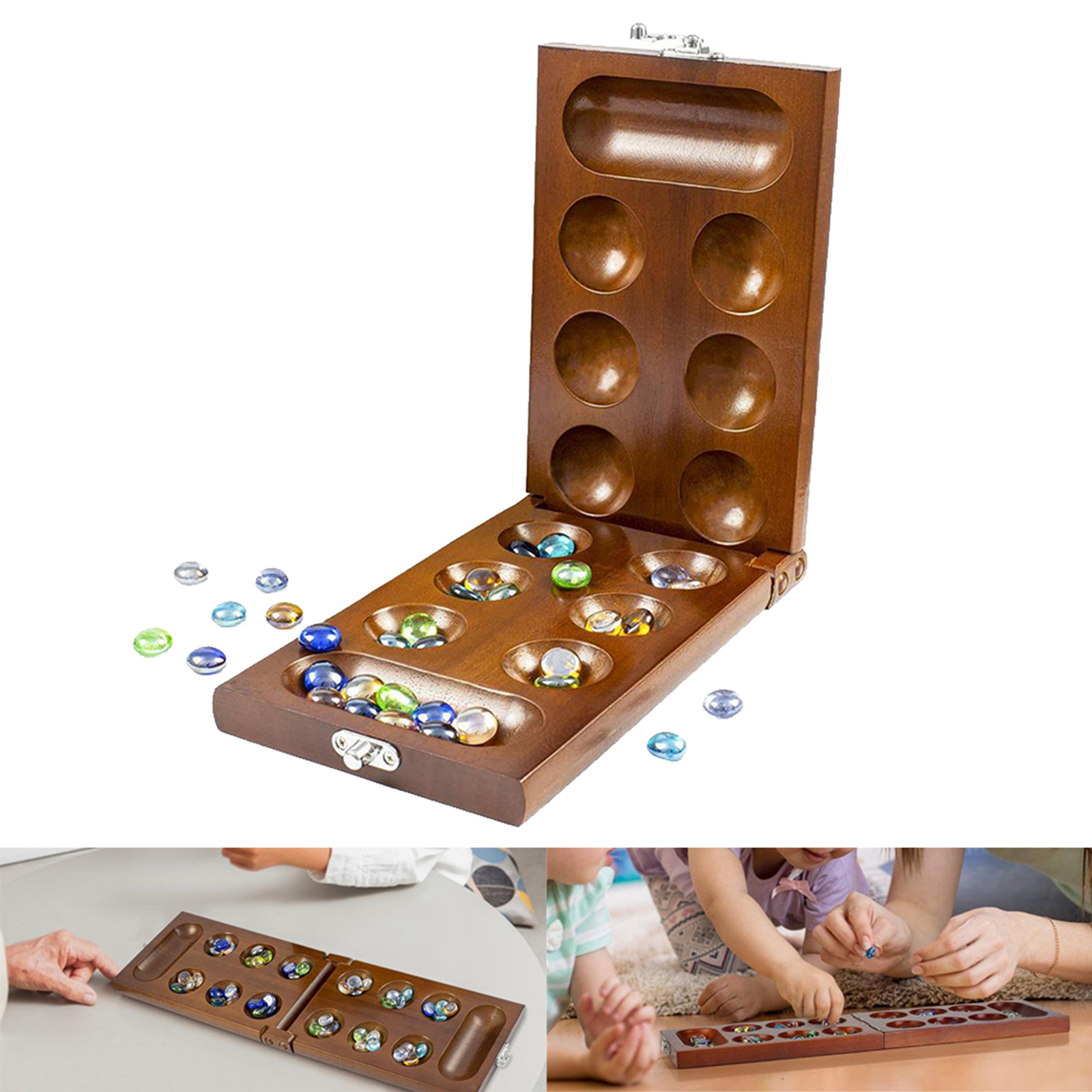Mancala Board Game with Stone Beads for Adult, Wooden Board Game for Families Kids, Portable Folding Travel Size