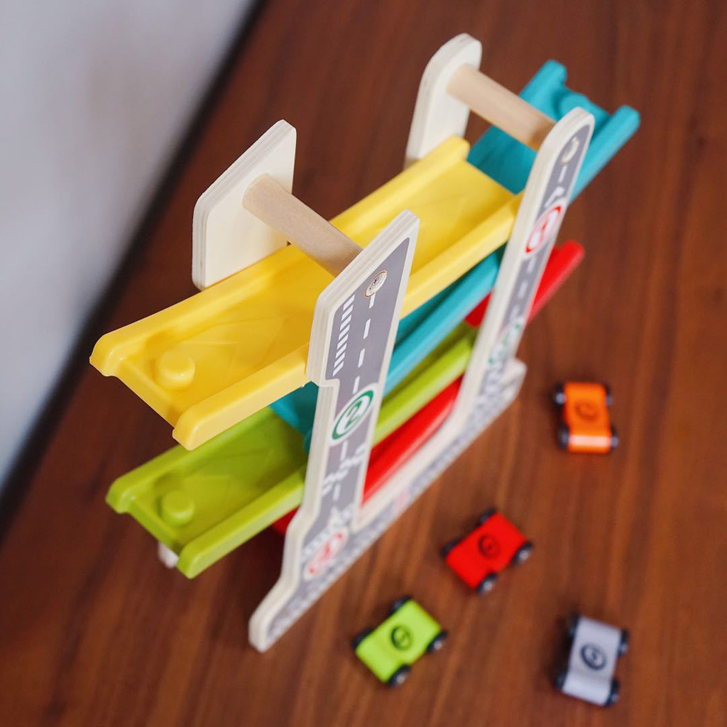 Wooden Slider Click Clack 4 Layer Race Track Playset with 4 Race Cars, Kids Toddlers Preschool Educational Toy