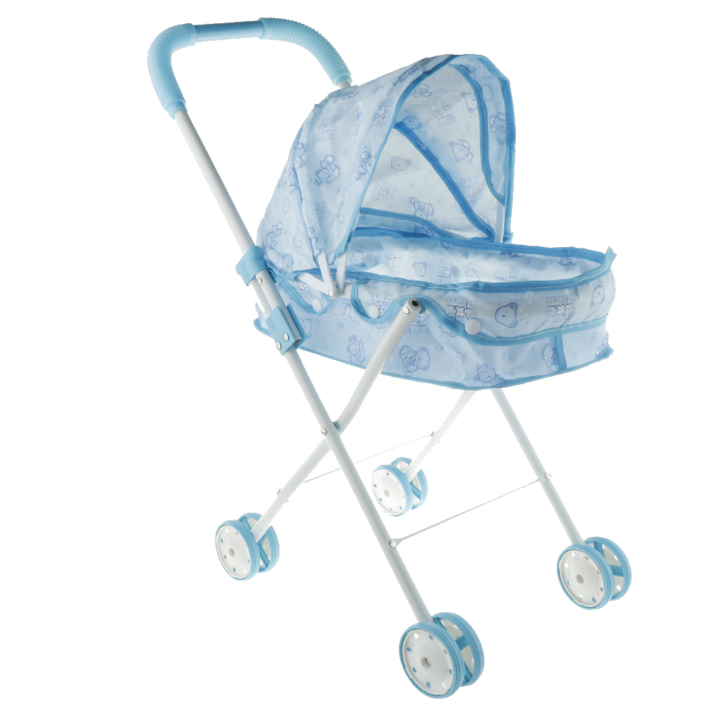 Portable Doll Stroller Carrier Pram Blue Pretend Play Toys, Gift for Toddler