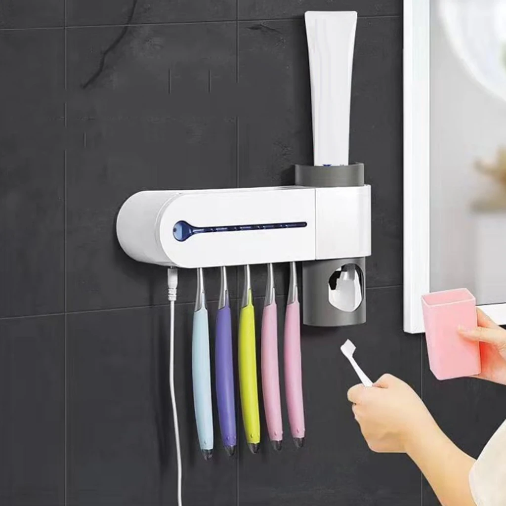 Bathroom UV Toothbrush Holder Toothpaste Dispenser With 5 Toothbrush Sterilizer Holder Wall Mounted with Sticker For Women Kids