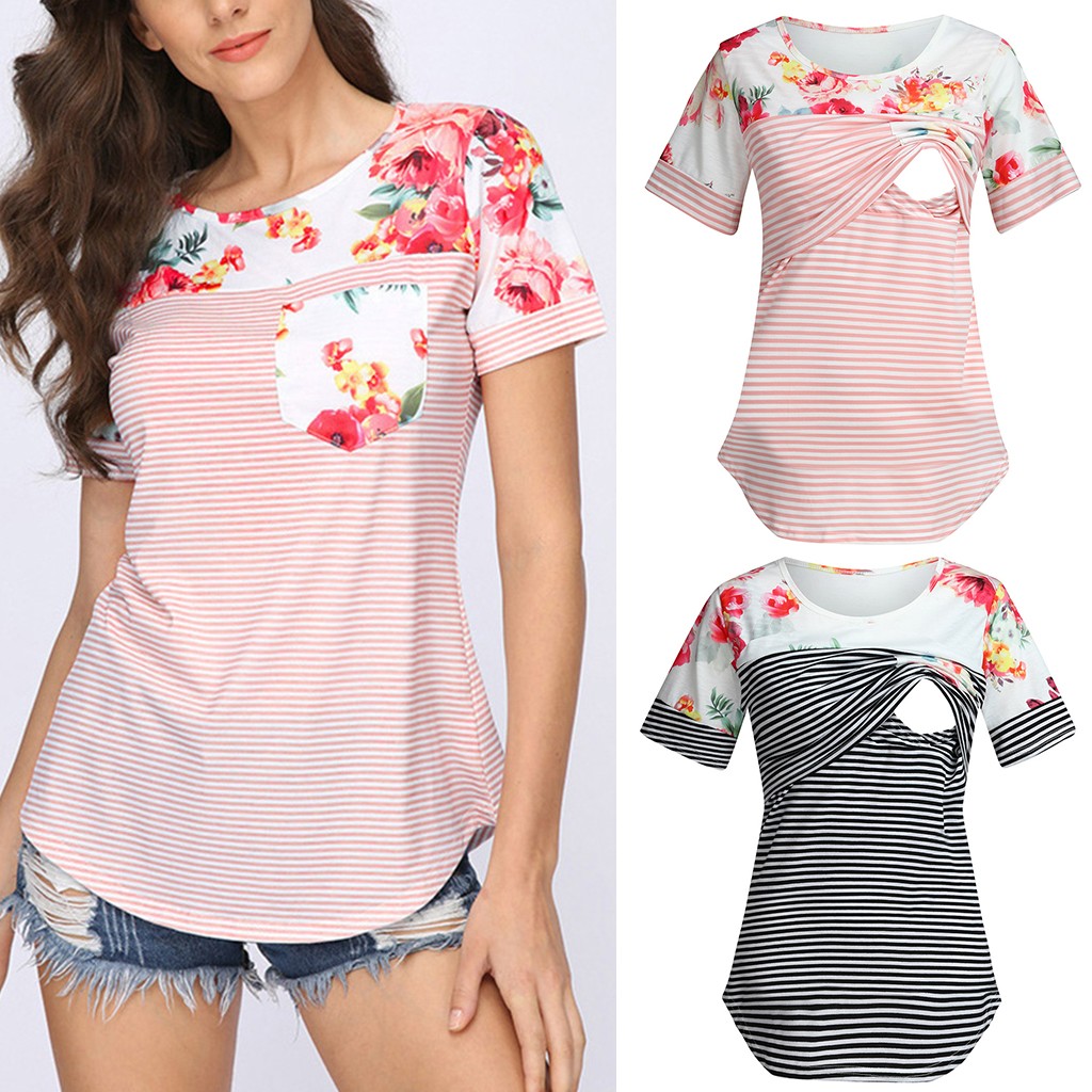 Camisa da Maternidade para Mulheres Roupas de Verão Camisas de Amamentação Roupas de Gravidez Outono Manga Curta Listra Enfermagem Superior Mais Tamanho 15 High Quality Mamãe e Bebê