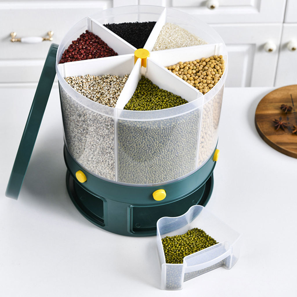 Kitchen Rice Dispenser Dry Grain Storage Container Box Case 6-Grid Rotating
